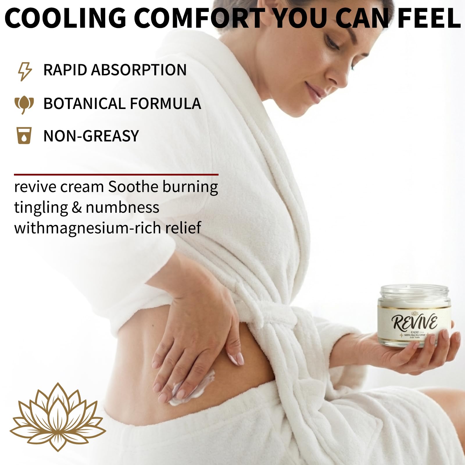 Nola Sleep Revive Nerve Relief Cream with magnesium in a 4 oz jar, moisturizing skin and soothing nerve discomfort.