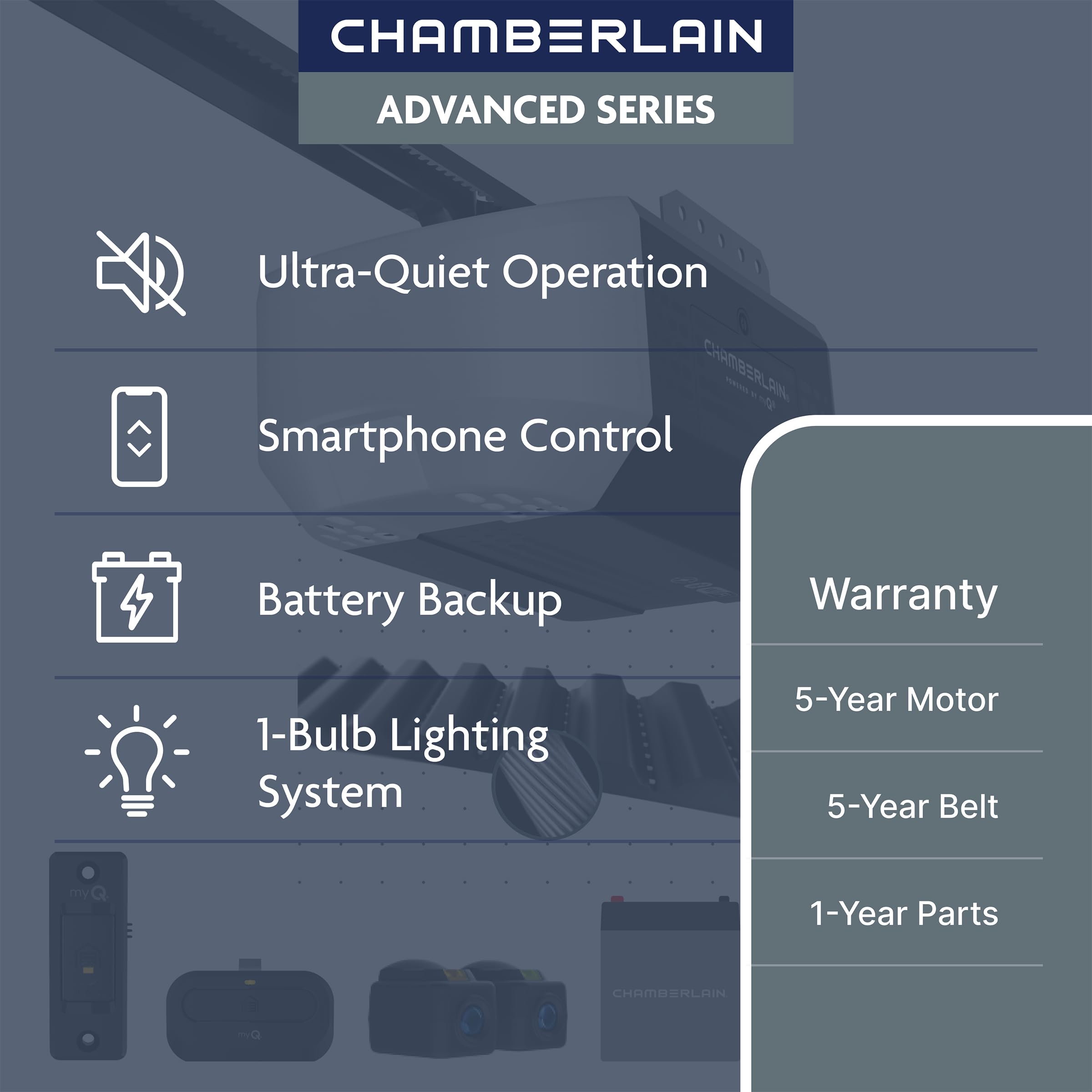 Chamberlain Belt Drive myQ Garage Door Opener, 1/2 HP w/Battery B - CHAMBERLAIN Official Product View 2