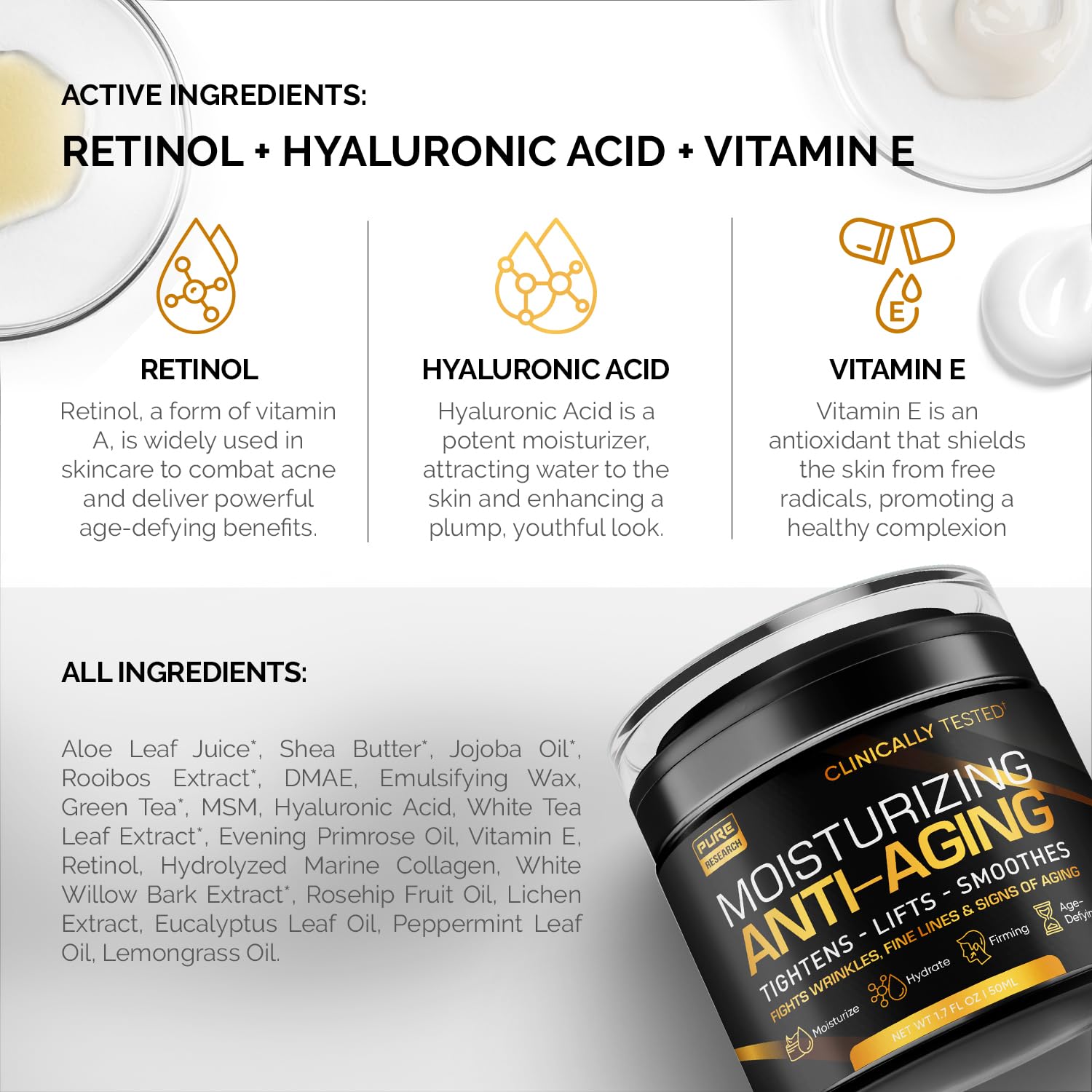 Men's face moisturizer by PURE RESEARCH featuring anti-aging collagen formula, shown in a sleek jar with a smooth cream texture.