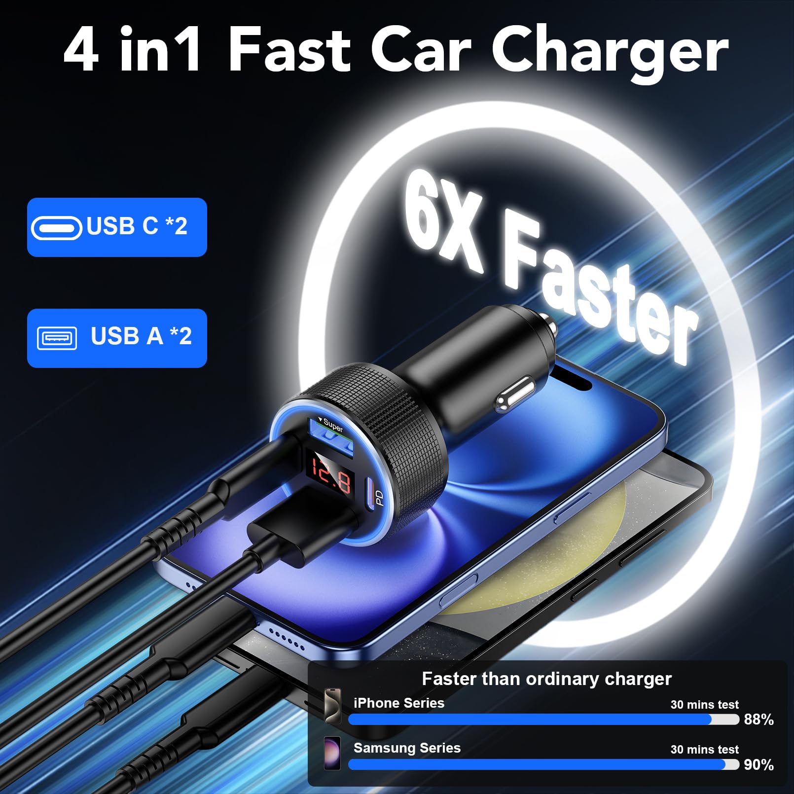 AGEK Car Charger USB C Fast Charge, 4 Port 78W Metal Car Phone Ch by AGEK - Angle View 4