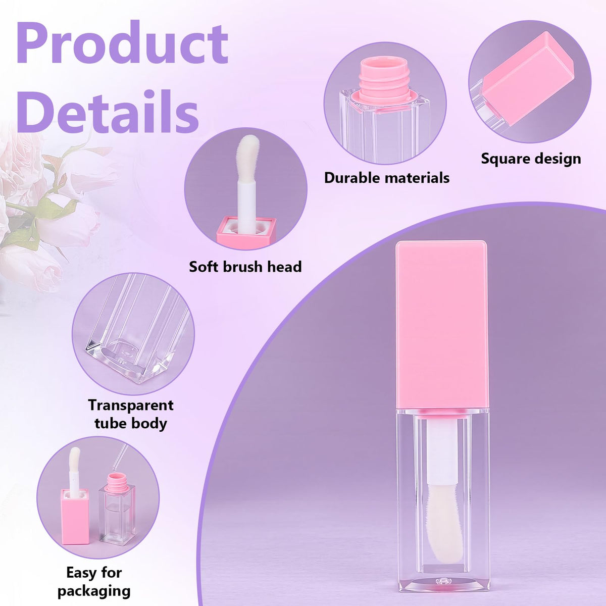 36 Pack Empty Square Pink Lip Gloss Tubes 5ml Refillable - DELORIGIN Official Imagery - 5