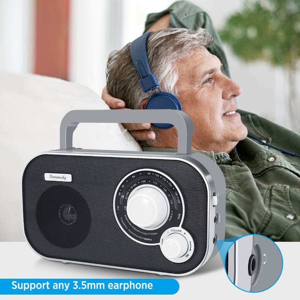 DreamSky portable AM/FM radio with plug-in wall or battery operation, suitable for home and outdoor use
