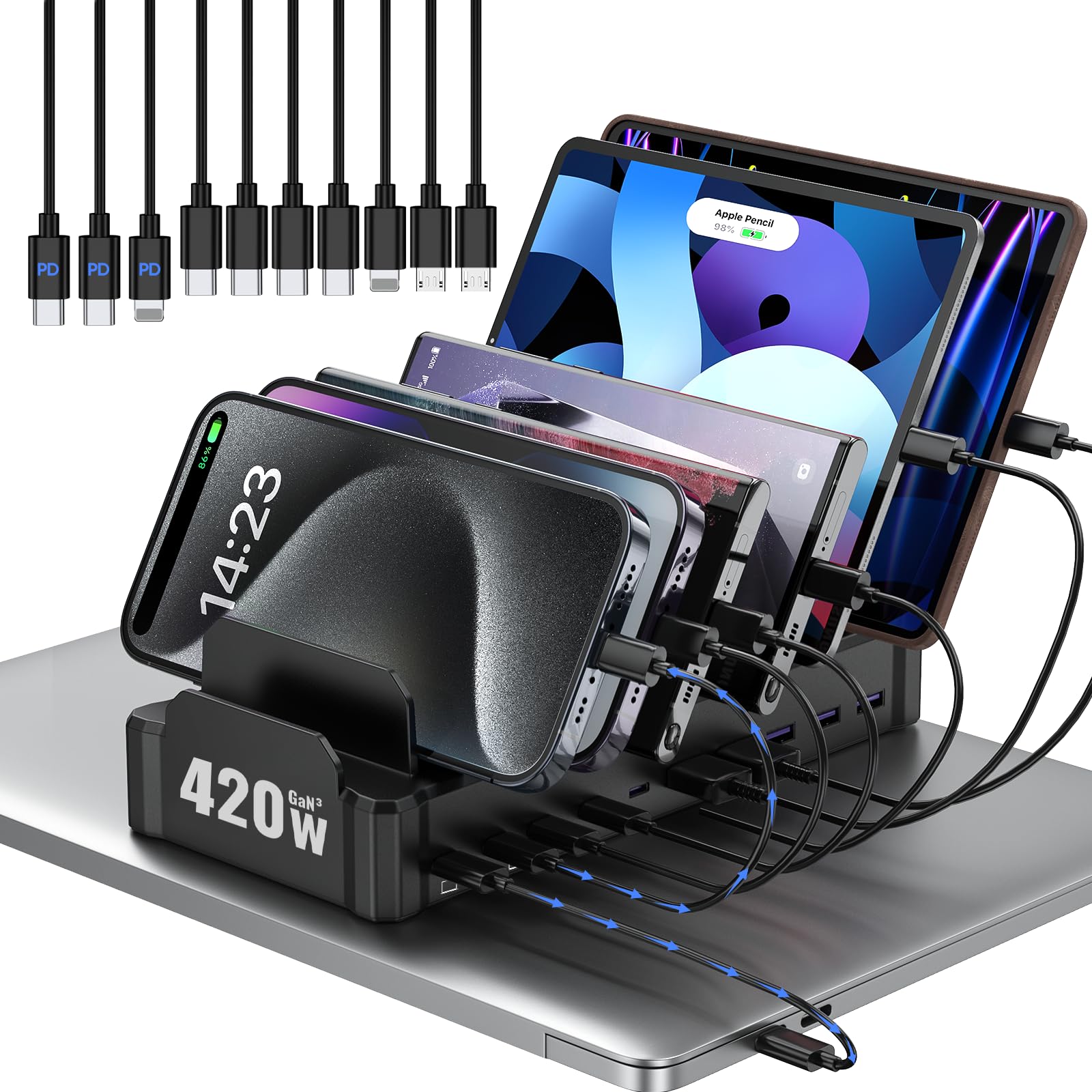 420W 10 Port Fast USB Charging Station for Multiple Devices - zobirez Official Imagery - 1
