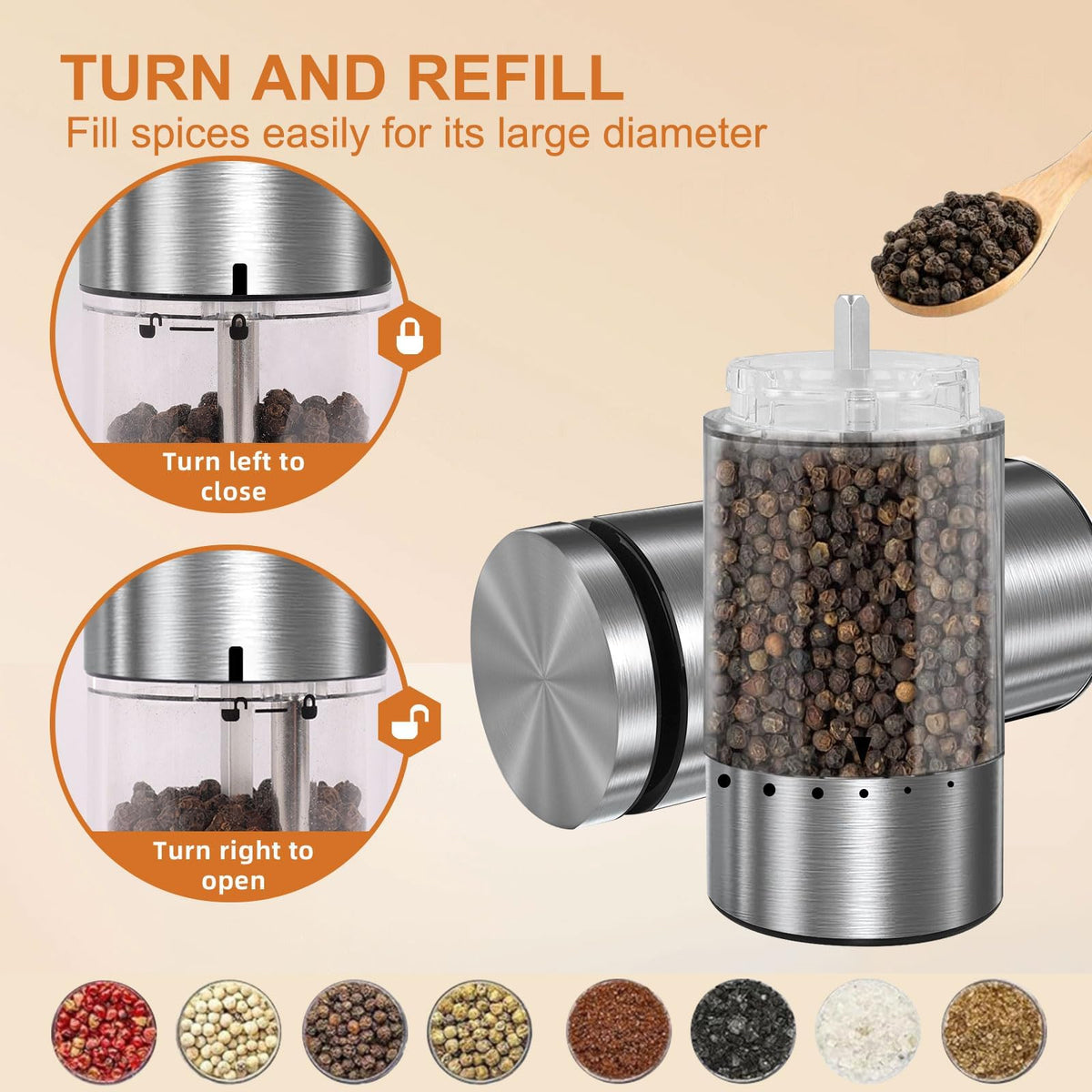 Electric Salt and Pepper Grinder Set Rechargeable Automatic - EIHO Official Imagery - 6