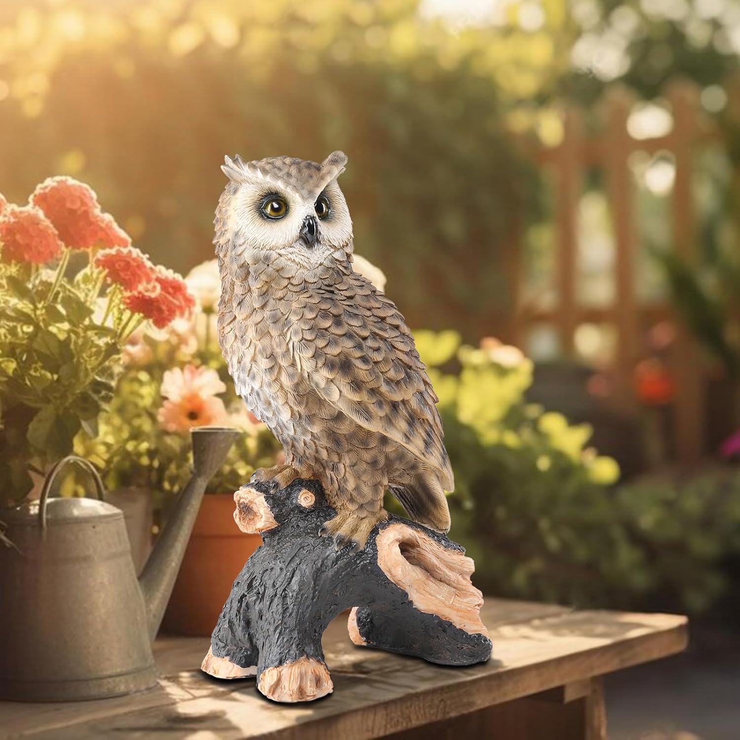 Ovewios owl garden statue depicting a perched forest owl on a stump resin figurine for outdoor or indoor decor
