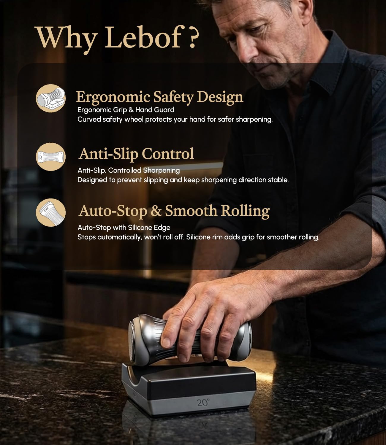 Lebof rolling knife sharpener with diamond disc, magnetic base, and four sharpening settings for precise kitchen knife edges.