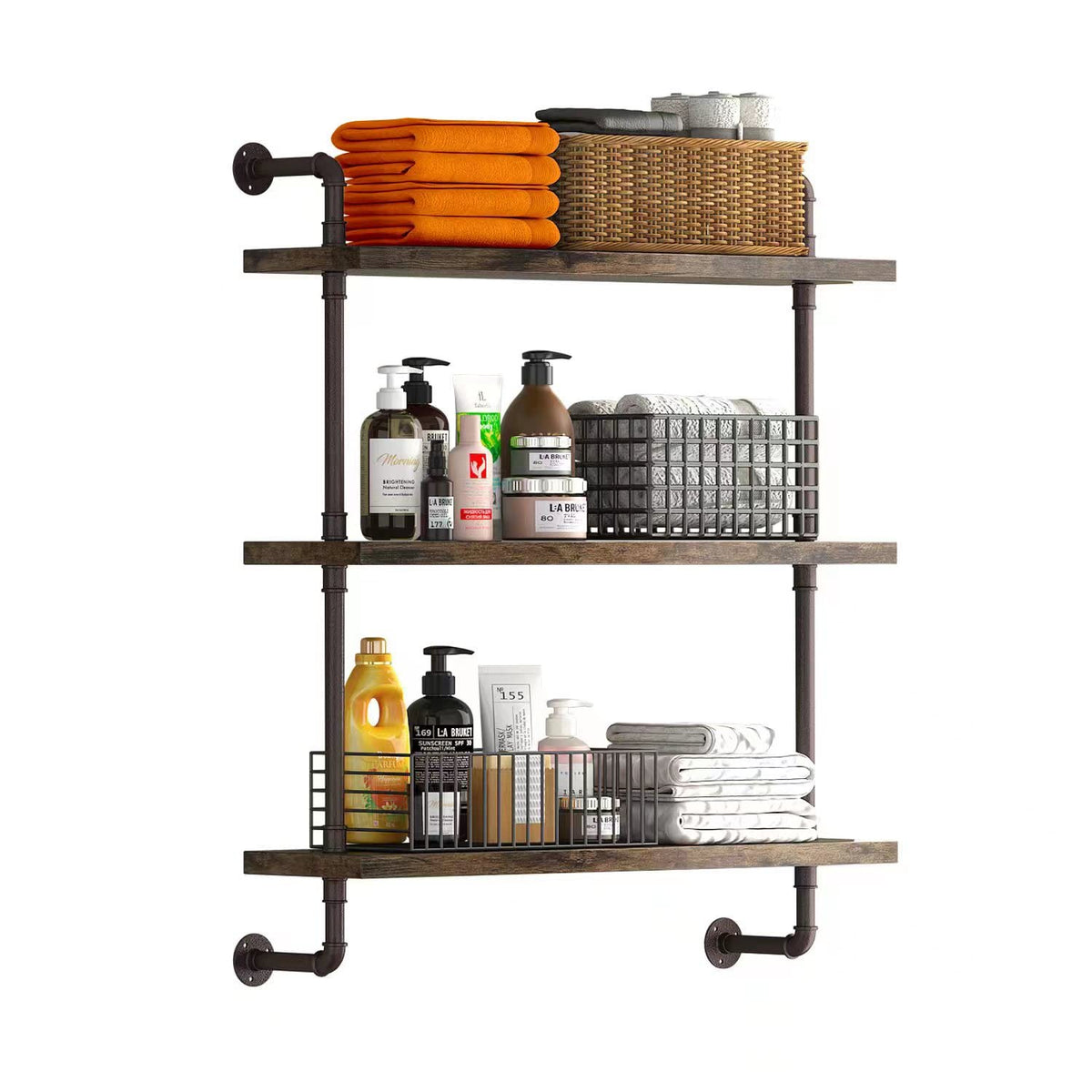 Helsin 3 Tier Industrial Pipe Shelf Rustic Wood Floating - Helsin Official Imagery - 1