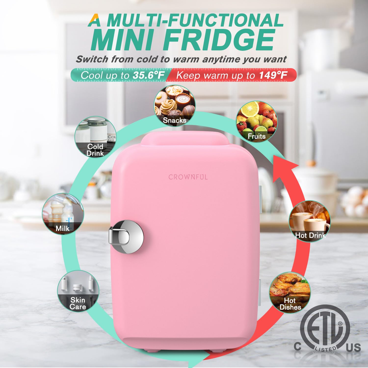 CROWNFUL Mini Fridge, 4 Liter/6 Can Portable Cooler and Warmer - CROWNFUL