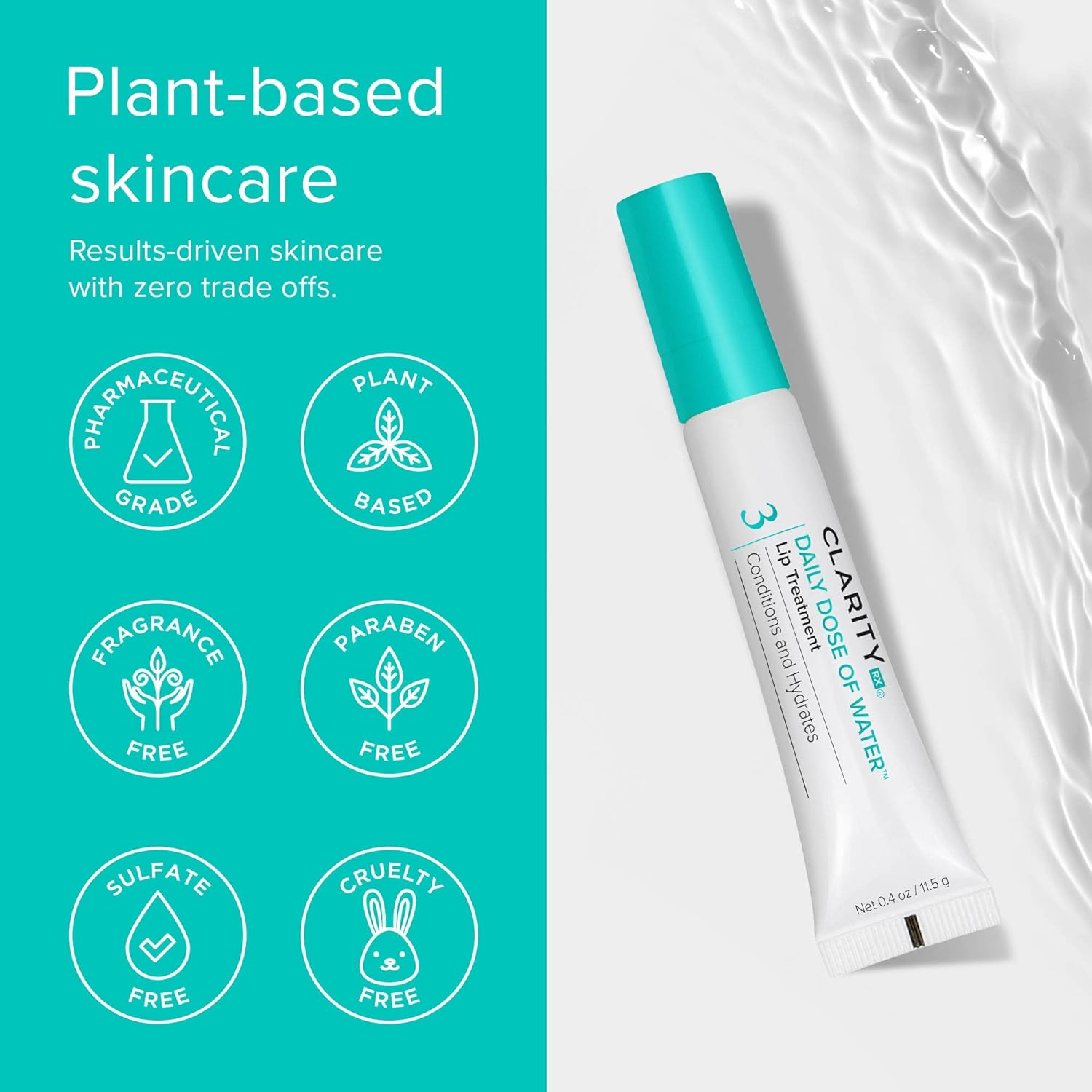 Elefair ClarityRx Daily Dose of Water Lip Treatment with hydrating hyaluronic acid and plant-based ingredients in a 0.4 oz tube.