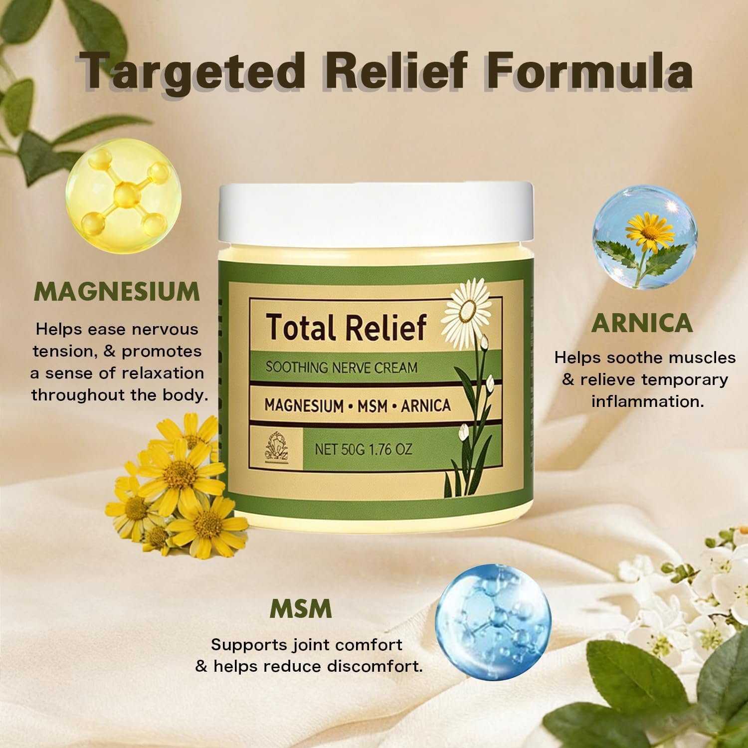 AOOTUYA Total Relief Magnesium Cream with MSM and arnica in a 4oz jar, designed for soothing muscle discomfort.