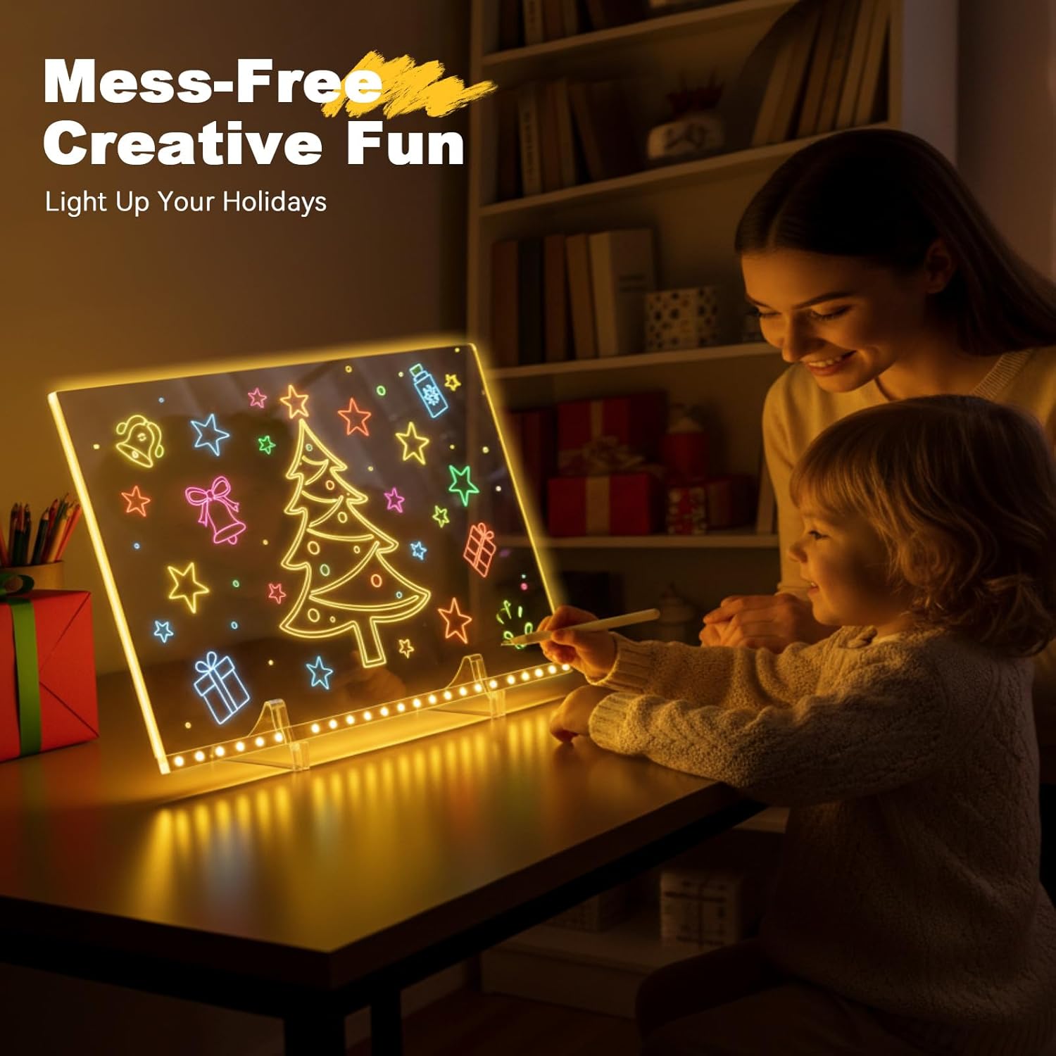 PHOSHO LED drawing board for kids with 7 color neon glow, 16-inch light-up note and message board for creative drawing.