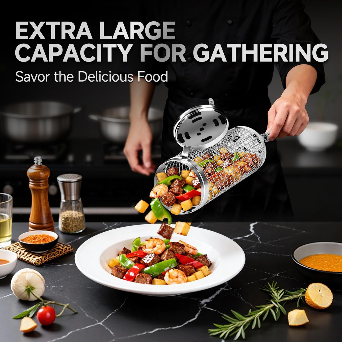 Rolling Grill Baskets Grill Accessories for Veggies Gifts - Chenovate Official Imagery - 8
