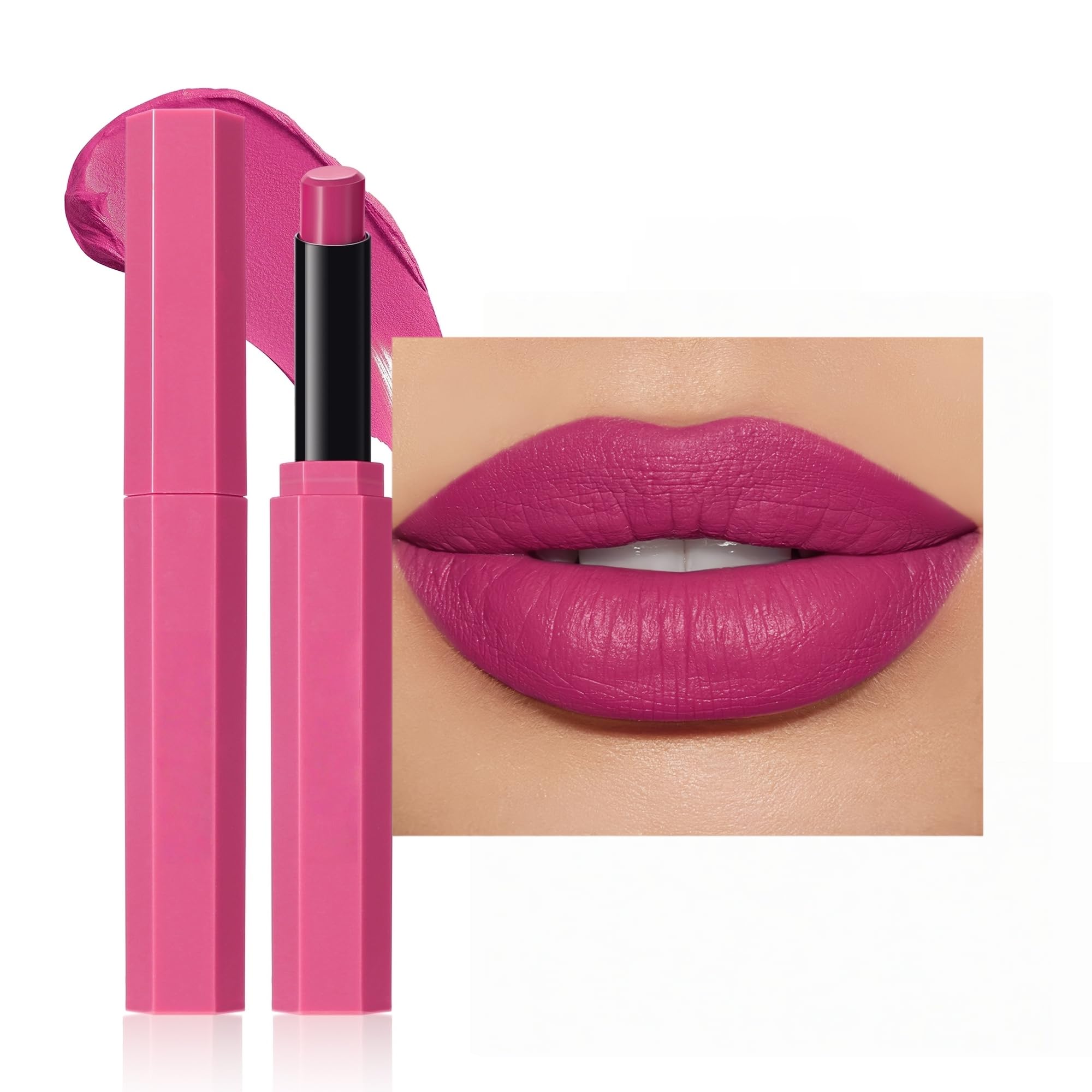 SAUBZEAN long-lasting matte velvet lipstick in A03 Fuchsia Rose, showing vibrant pink shade on smooth lips.