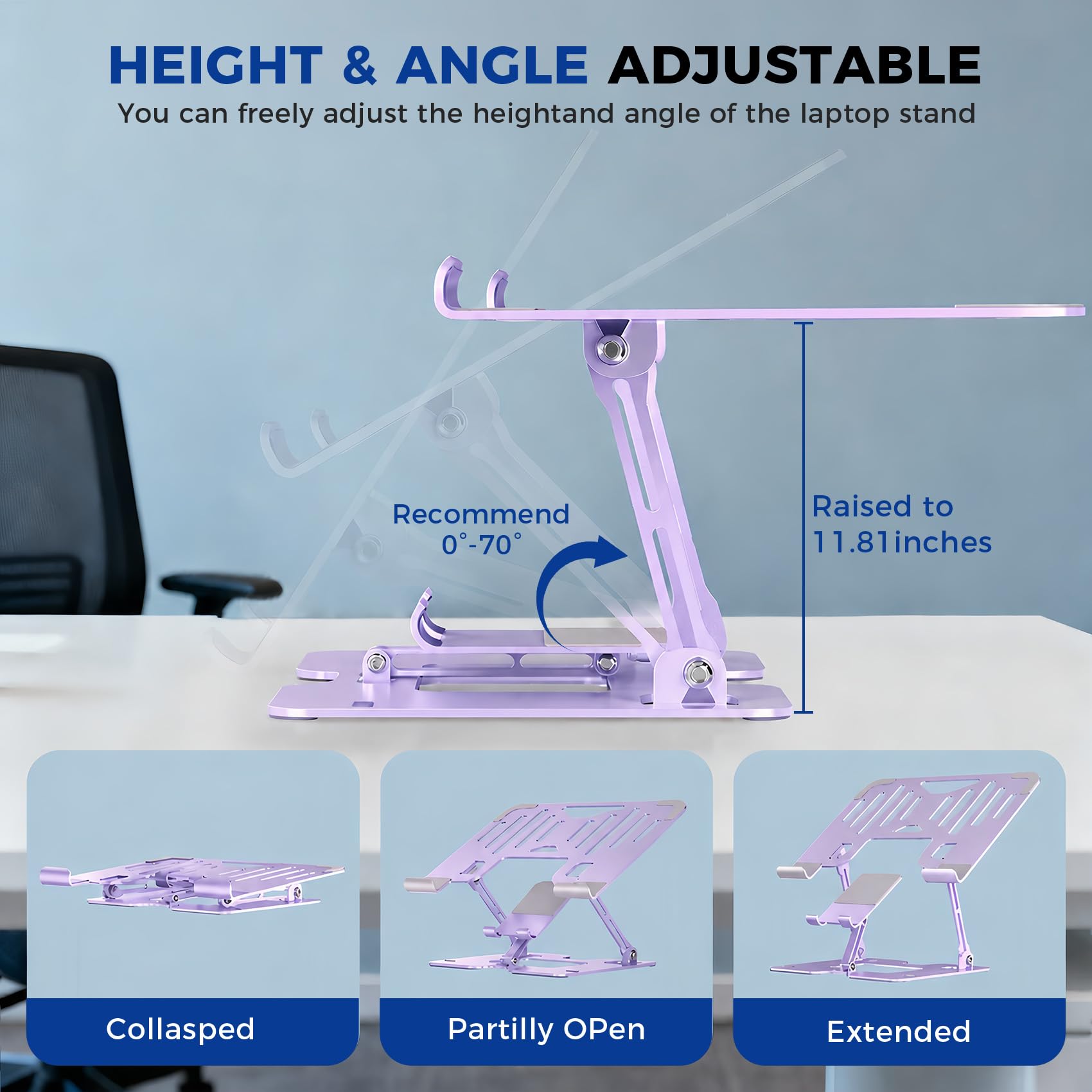 Lajou ergonomic 2-in-1 purple laptop and phone stand on a desk, adjustable riser, sturdy and portable for all laptops and phones.