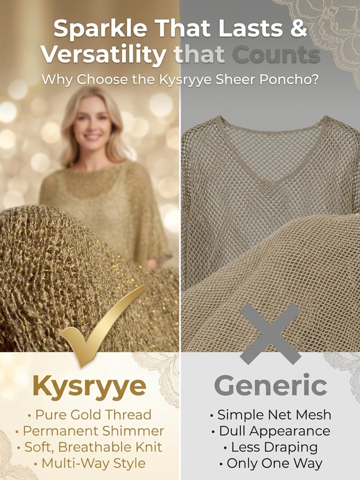 Women Sheer Poncho Top with Sparkling Gold Thread Mesh Cover - Kysryye Official Imagery - 6