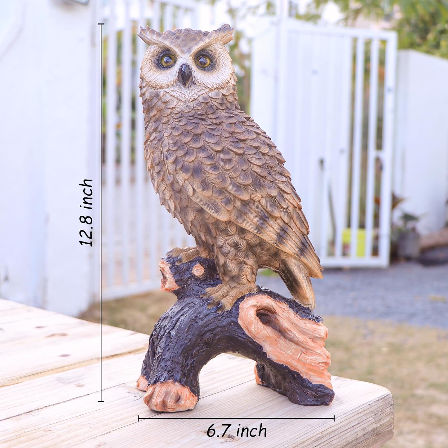 Ovewios owl garden statue depicting a forest owl perched on a stump resin figurine for home decor.