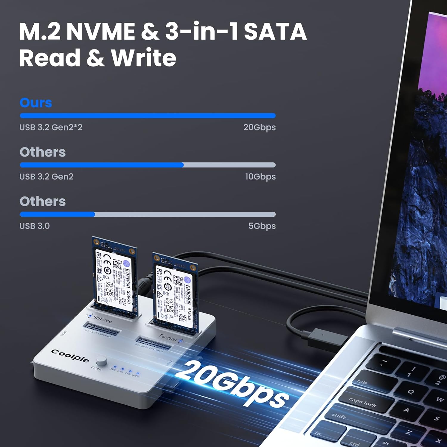 Coolpie CR311 3-in-1 SSD Cloner with USB 3.2 Gen 2x2 M.2 reader supporting NVMe, SATA M.2, and 2.5''/3.5'' HDDs