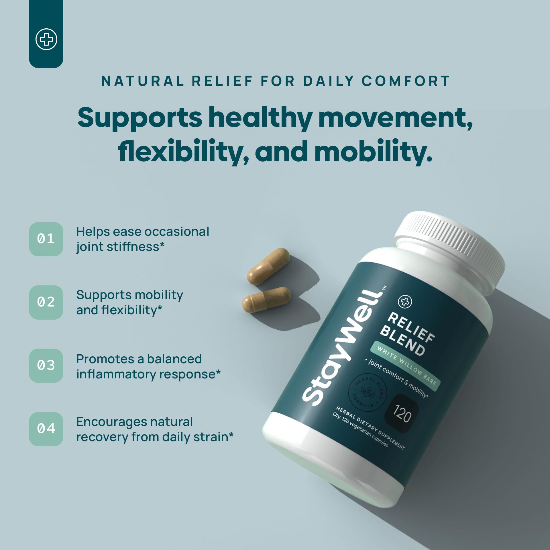 Stay-Well Naturals Pain Relief- White Willow Bark Extract, Devil's Claw, Turmeric, Boswellia, Bromelain and Ginger Premium Extract Blend- 120ct