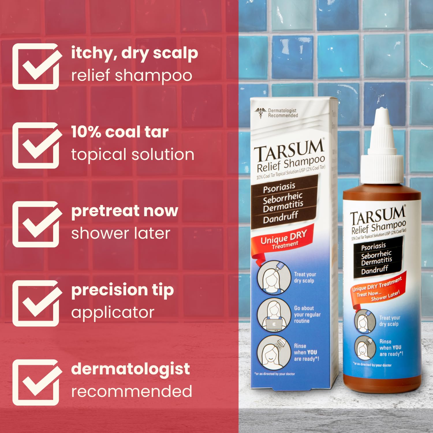 Tarsum Extra Strength Psoriasis Shampoo and Conditioner for scalp, coal tar formula, 8 oz bottle.