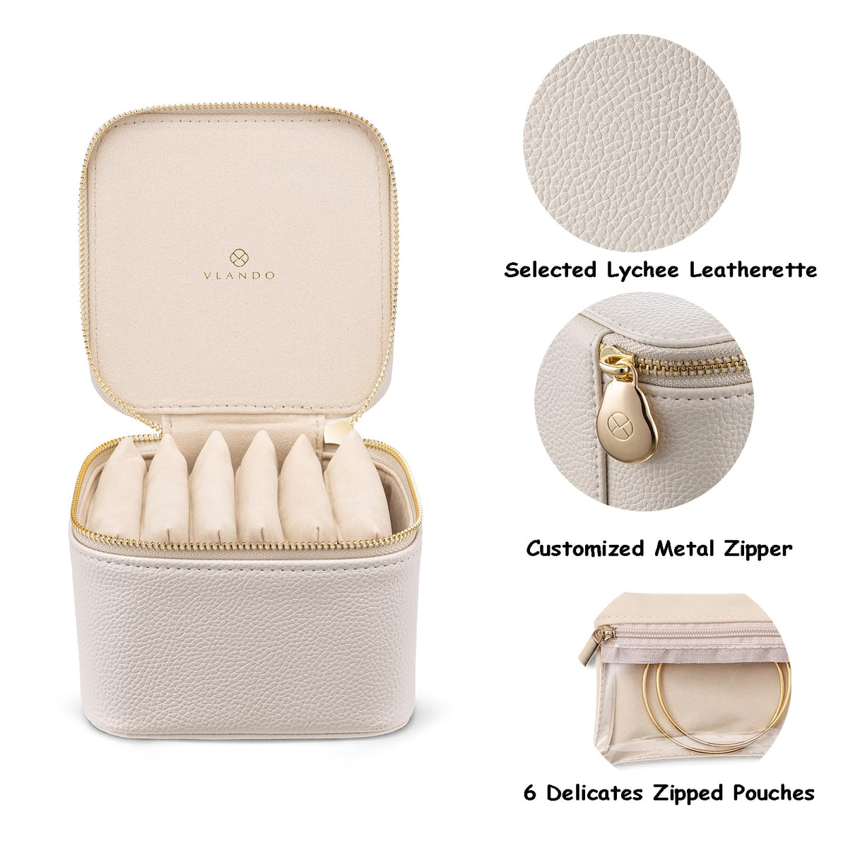 VLANDO Travel Jewelry Box Organizer with 6 Zippered Pouches - VLANDO Official Imagery - 8