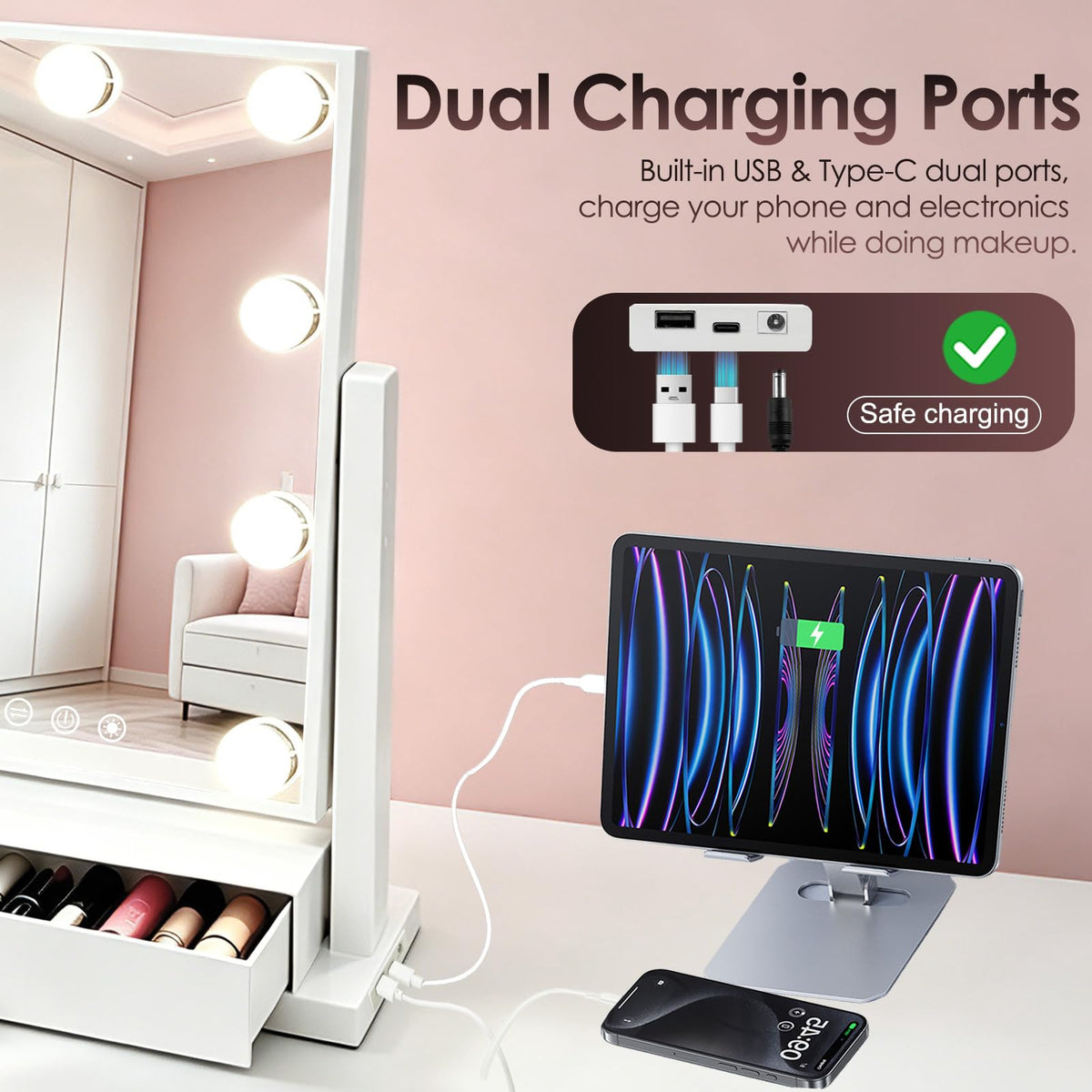 Makeup Mirror with Lights with Drawer Storage Type C and USB - COLMERD Official Imagery - 4