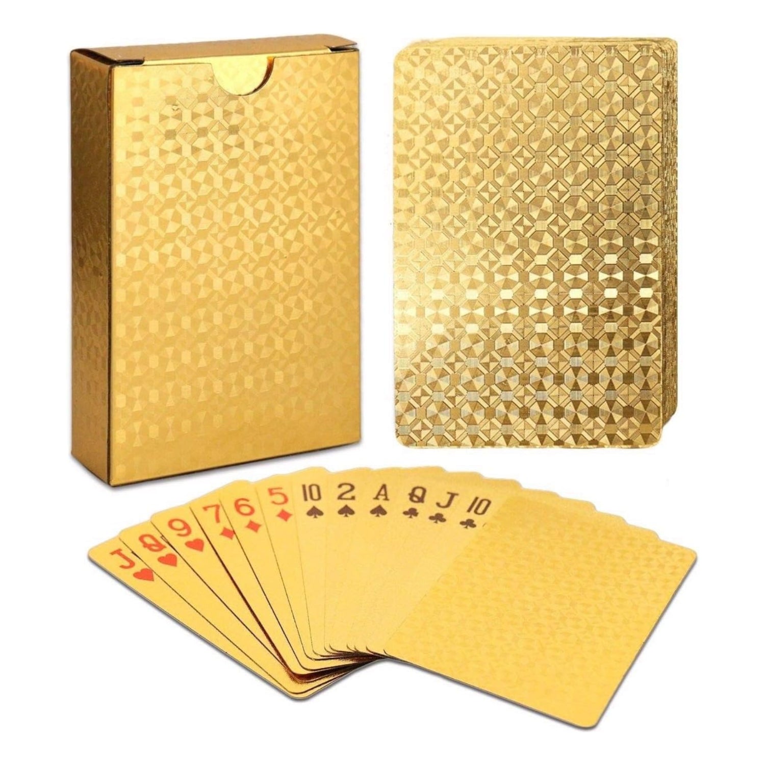 EAY gold waterproof deck of playing cards with intricate card designs, perfect for game nights and collectible card enthusiasts.