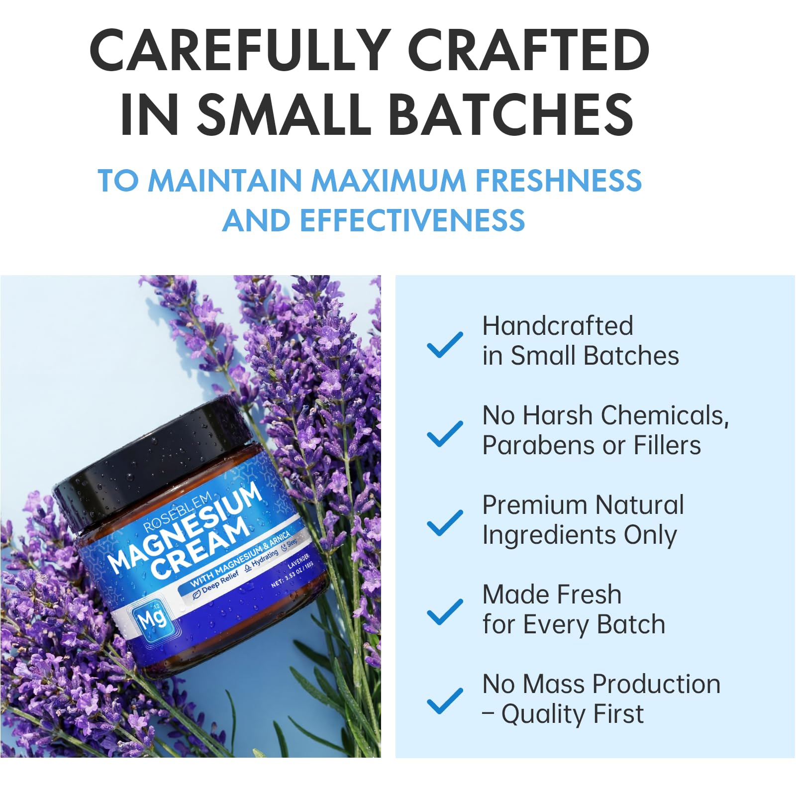 Roseblem Magnesium Cream with arnica and lavender, a soothing moisturizer for muscle relief, relaxation, and sensitive skin comfort.