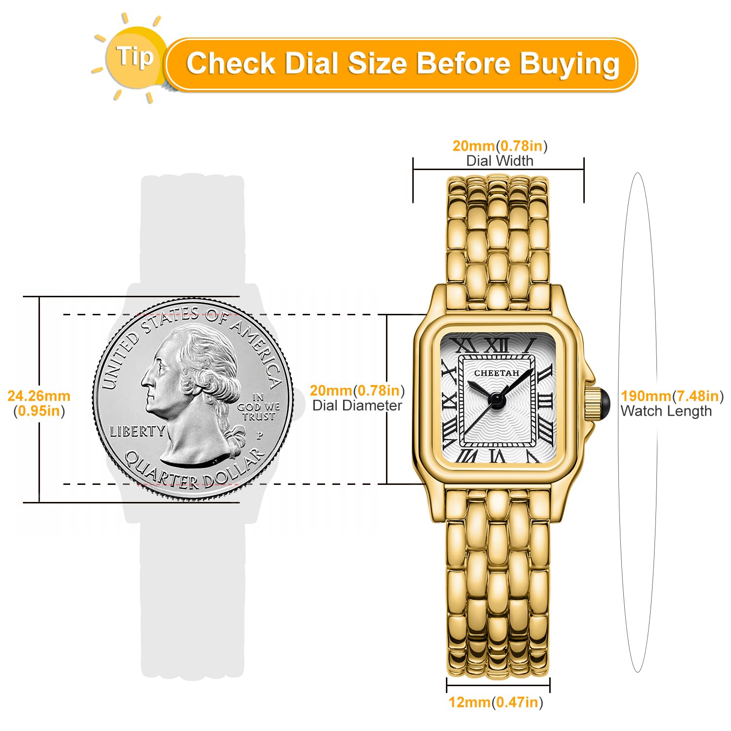 CHEETAH Gold Watch for Women Small Vintage Bracelet Rectangular Roman - View 3