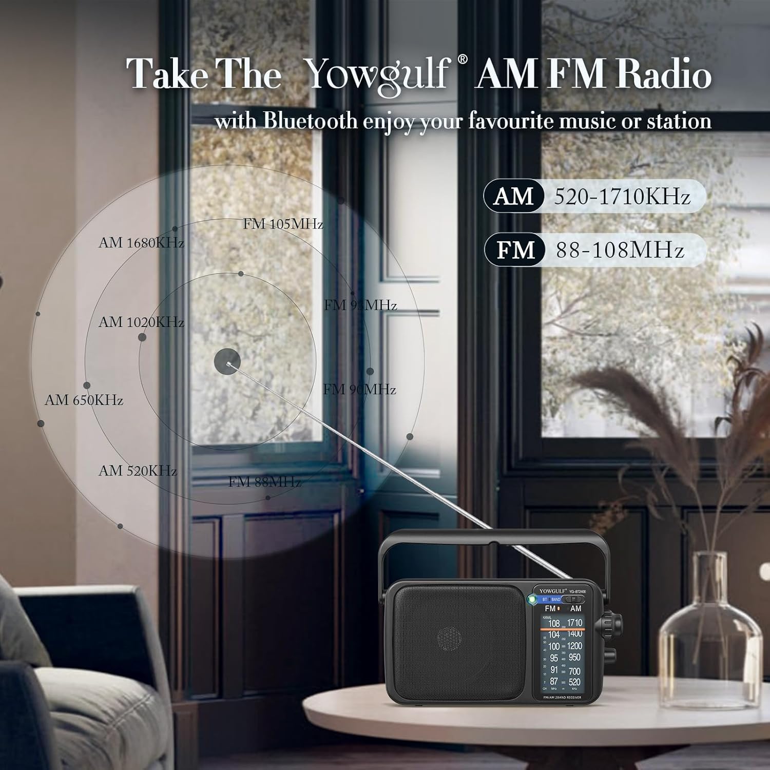 YOWGULF portable AM FM radio with Bluetooth, transistor design, and battery power, featuring a sleek black finish and tuning dial