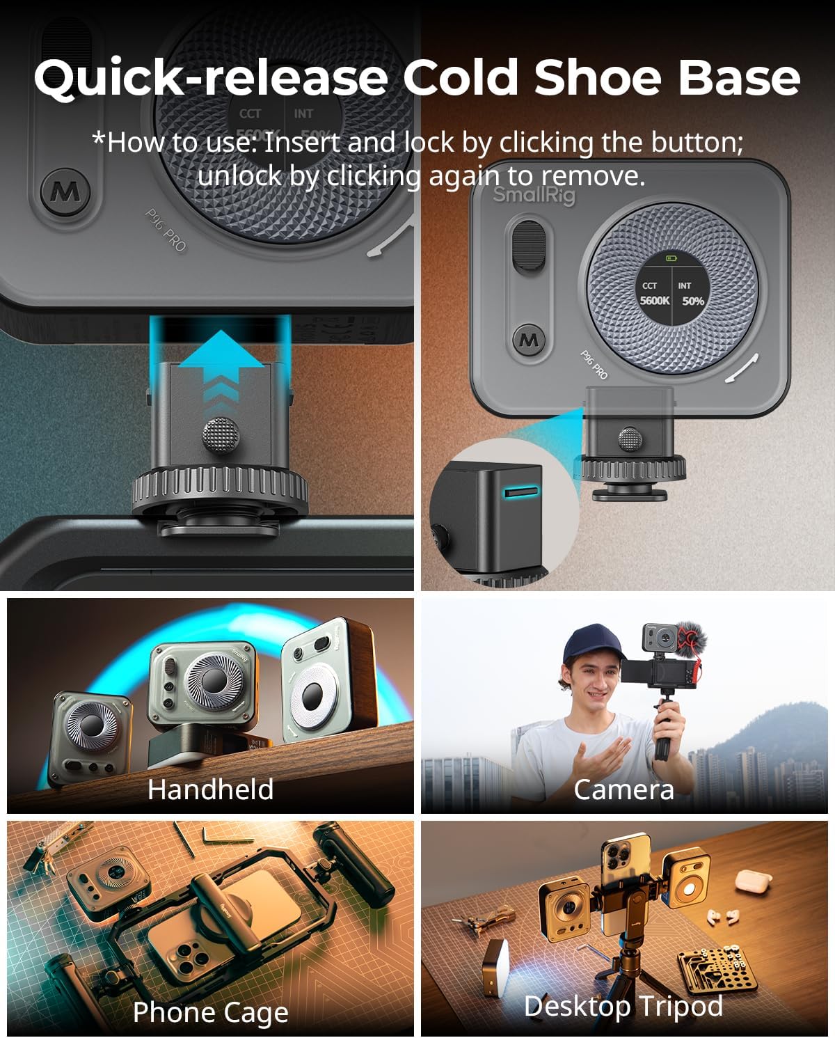 SmallRig Vibe P96 Pro LED video light mounted on a camera, portable photography light with adjustable brightness for video shooting.