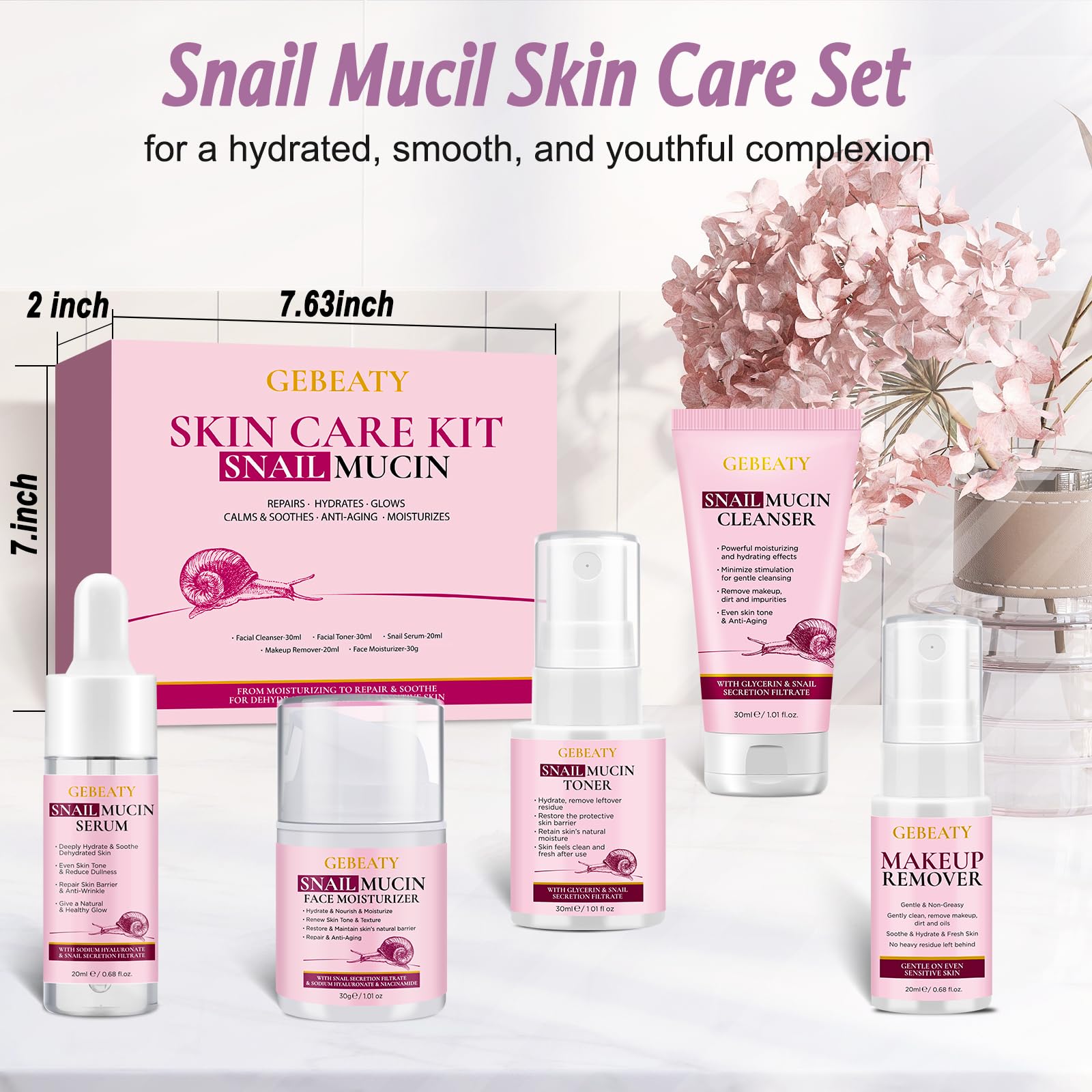 Skin Care Set, 5-Piece Hydrating &amp; Soothing Snail Mucin - GEBEATY