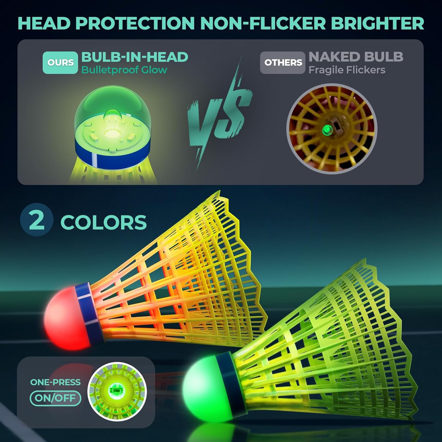 HIRALIY LED badminton birdies with glow-in-the-dark nylon, 6 or 12 pack, perfect for night play, featuring 360° illumination.