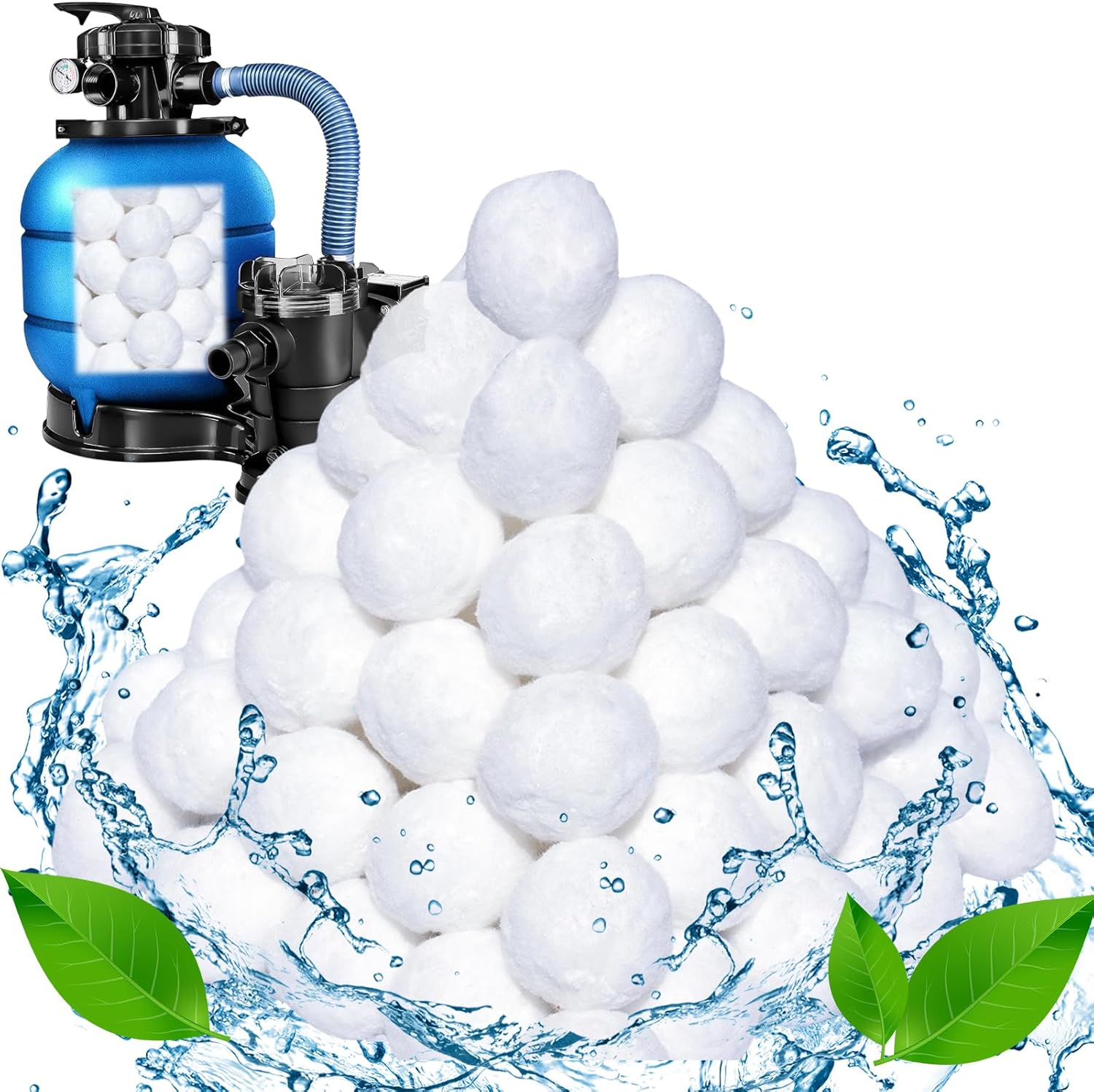 Aornmrs 1.5 lbs reusable pool filter balls for sand filters, showing white fiber filter balls in a pool filtration system.