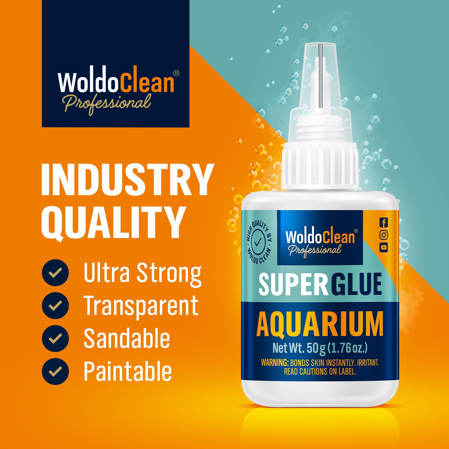 WoldoClean Aquarium Super Glue for mosses and plants used in freshwater aquariums, shown applied to aquatic plants in water.