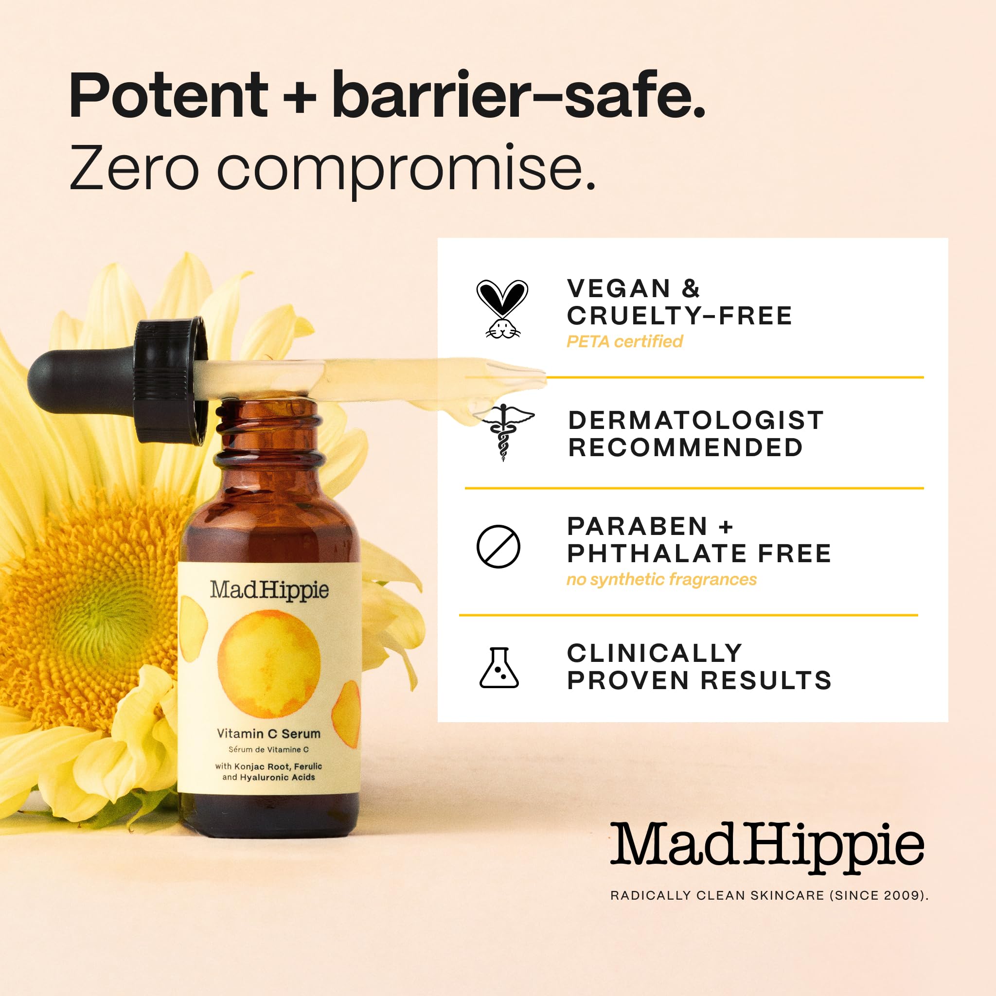 Mad Hippie Vitamin C Serum in a 1.02 fl oz bottle, designed for low irritation, shown with the serum bottle and packaging.