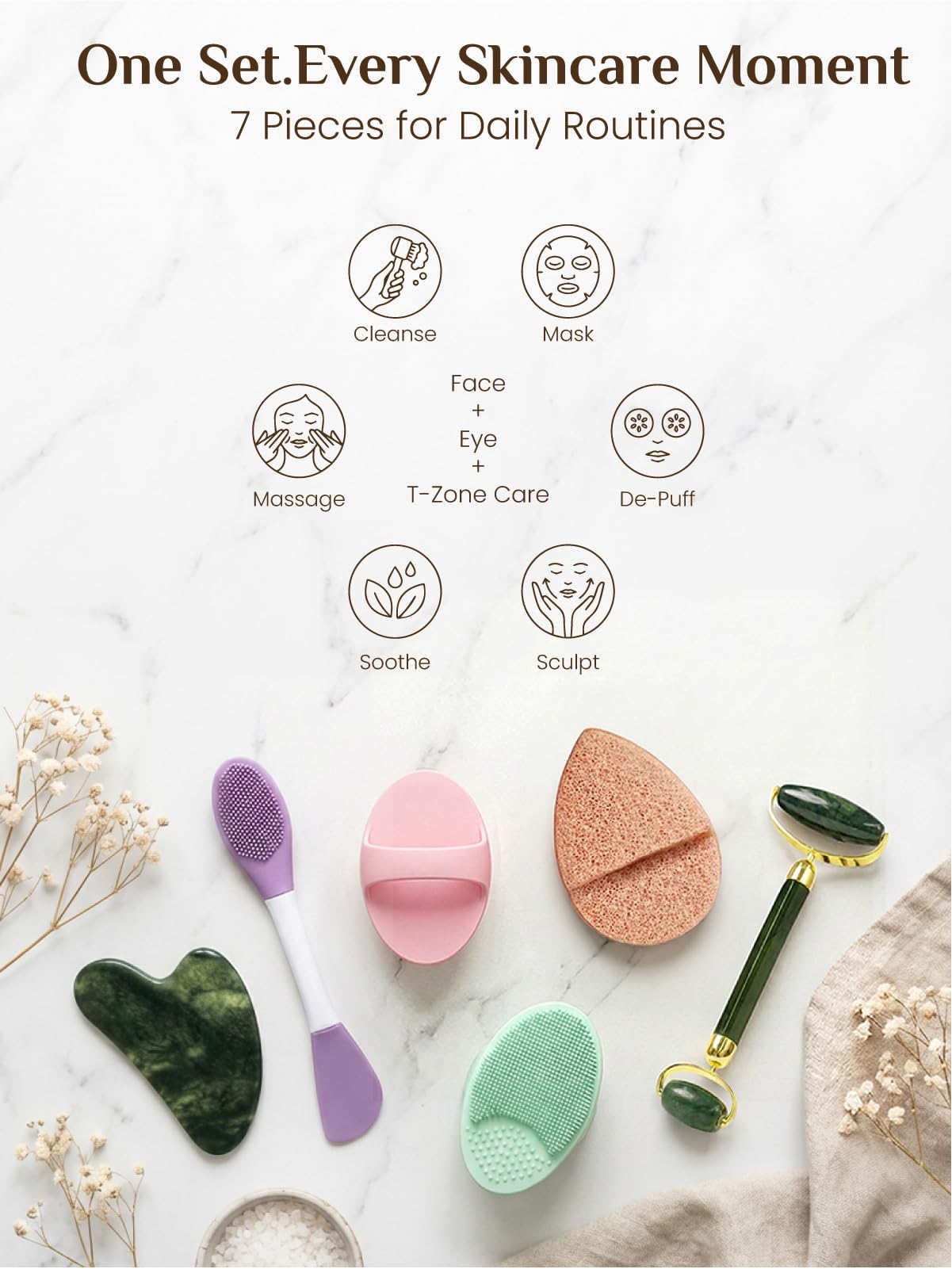 Rena Chris Gua Sha and Face Roller Set: Face Skin Care Tools with Facial Cleansing Brush, 2 Silicone Scrubber Pads & Face Sponge, Travel Bag, Self Care Gift