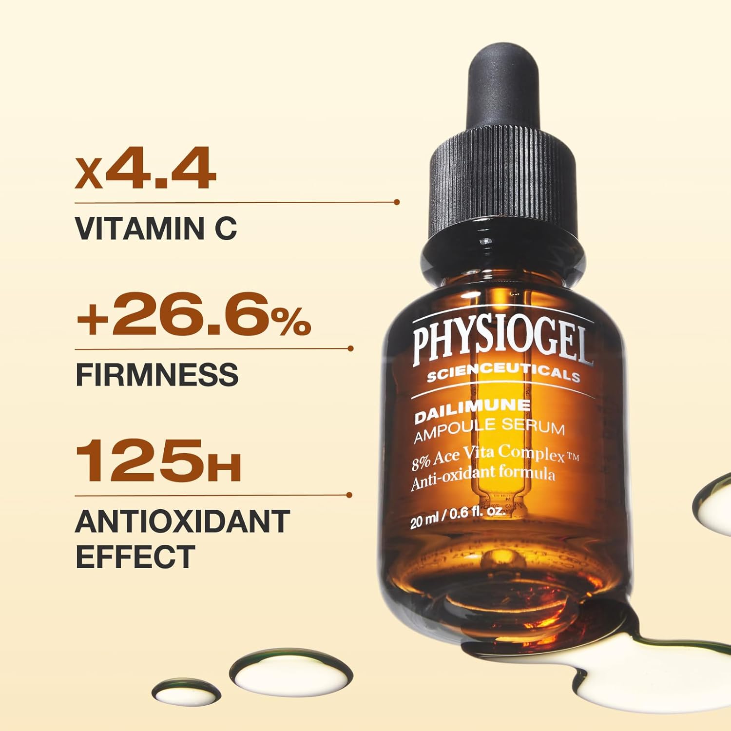 Physiogel Dailimune Ampoule Serum with 8% Vitamin C for bright, even skin tone, featuring clear glass ampoule and dropper applicator.