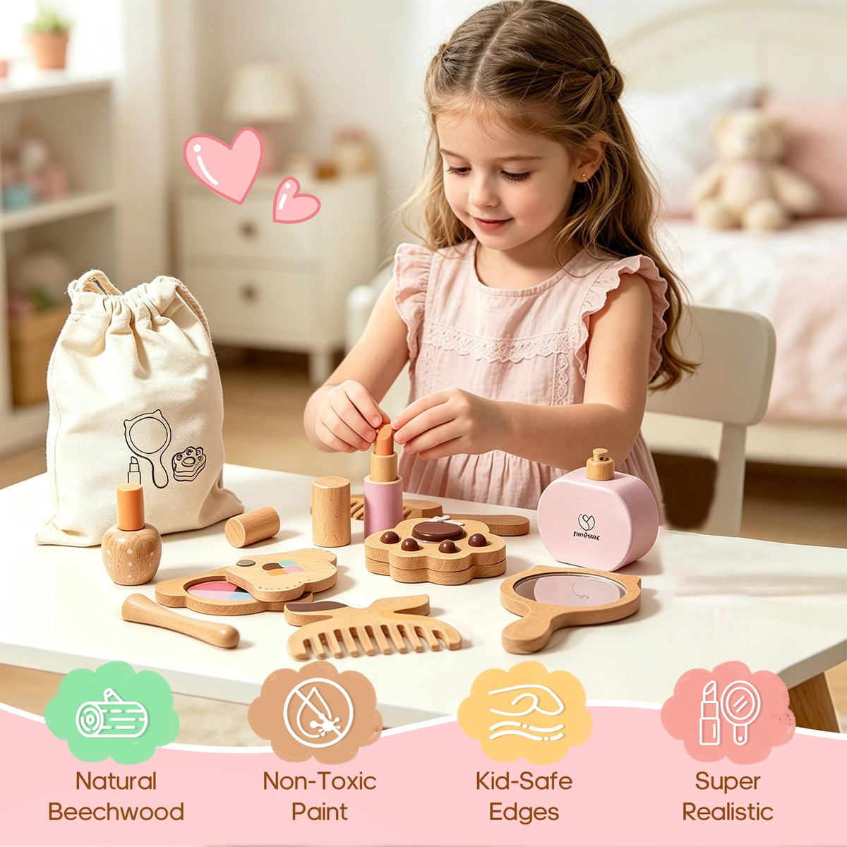 Brownroot Wooden Pretend Makeup Kit Toy Set for Girls with - BROWNROOT Official Imagery - 5