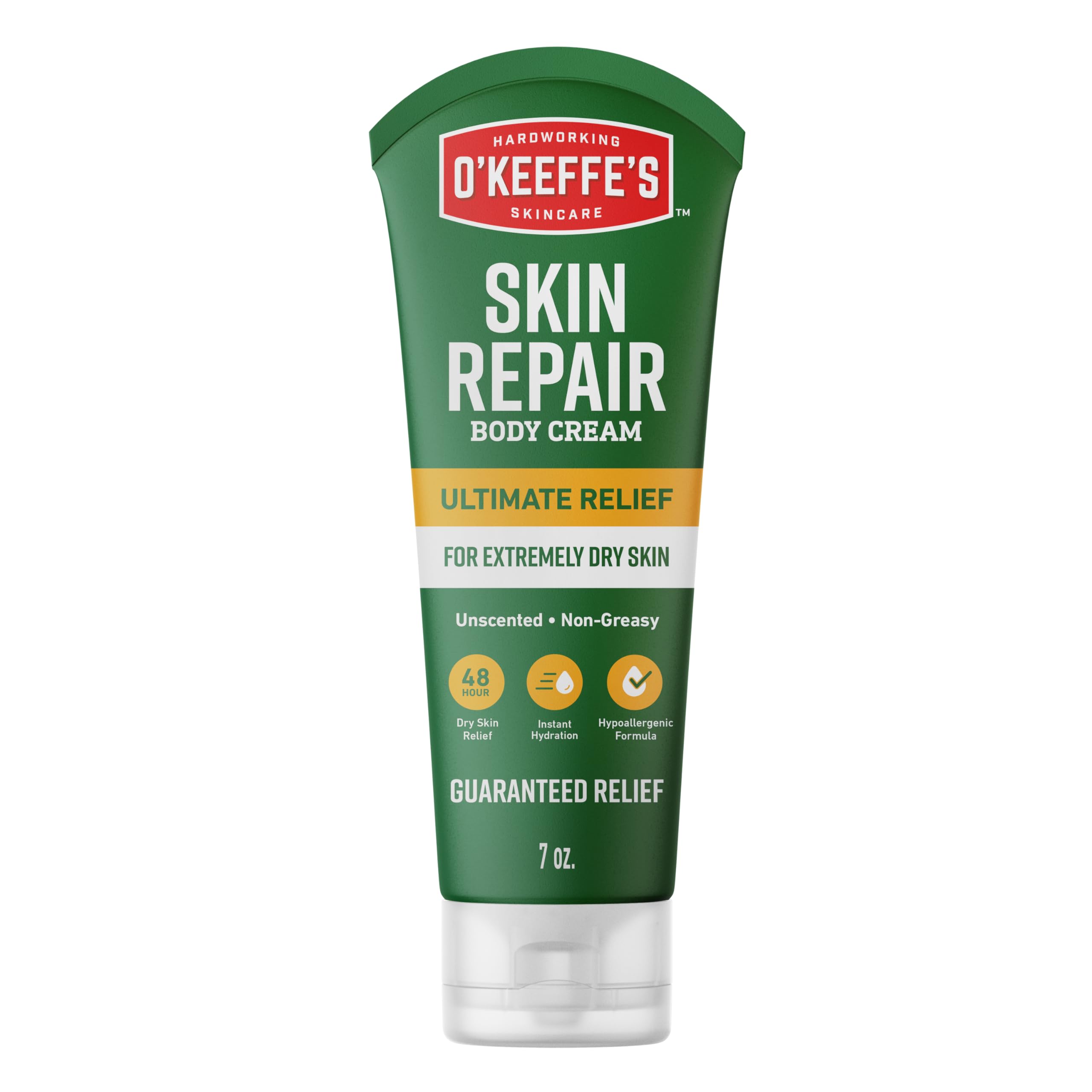 O'Keeffe's Skin Repair Body Cream in 7oz jar, a moisturizer for dry skin, with a smooth, creamy texture ready for application.