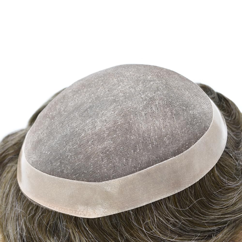 Curve Hair Mens Toupee Human Hair Piece Replacement System Monofilament Wig Hair Unit for Men Durable Poly Coated Mens Hairpiece (#630 Light Brown+30% Gray, 6"X9")
