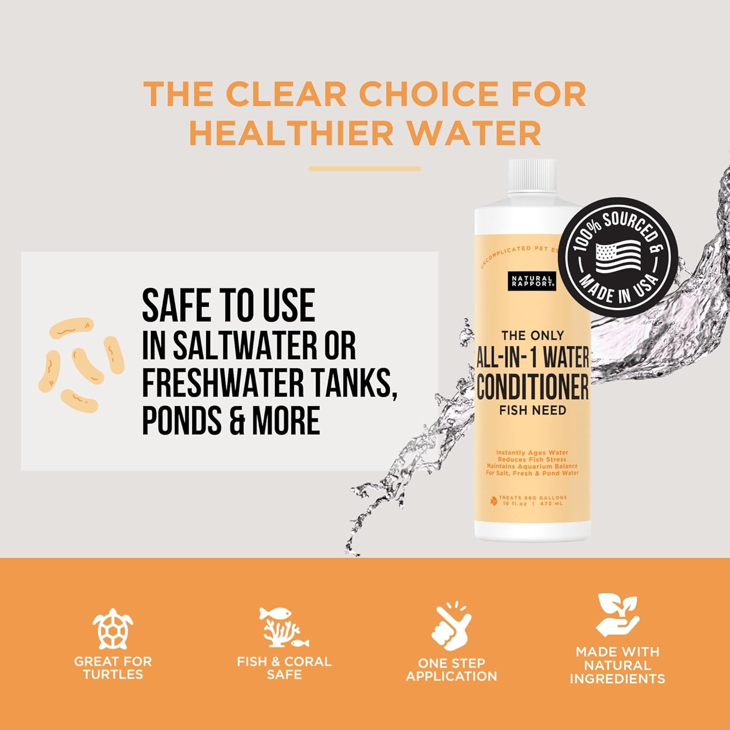 Natural Rapport aquarium water conditioner bottle with label, used for detoxifying and removing ammonia from fish tank water.