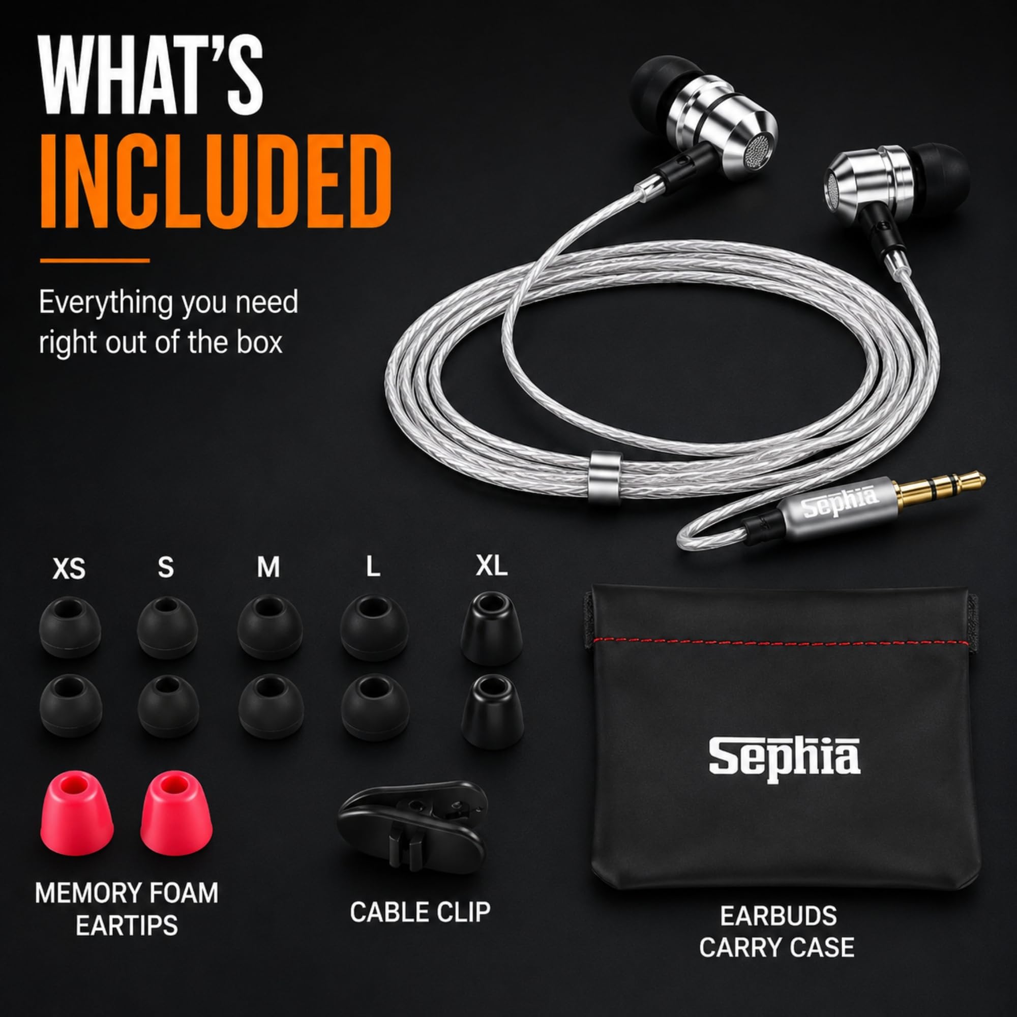 Sephia SP3060 wired in-ear headphones with black earbuds and inline microphone, designed for clear audio and comfortable fit.