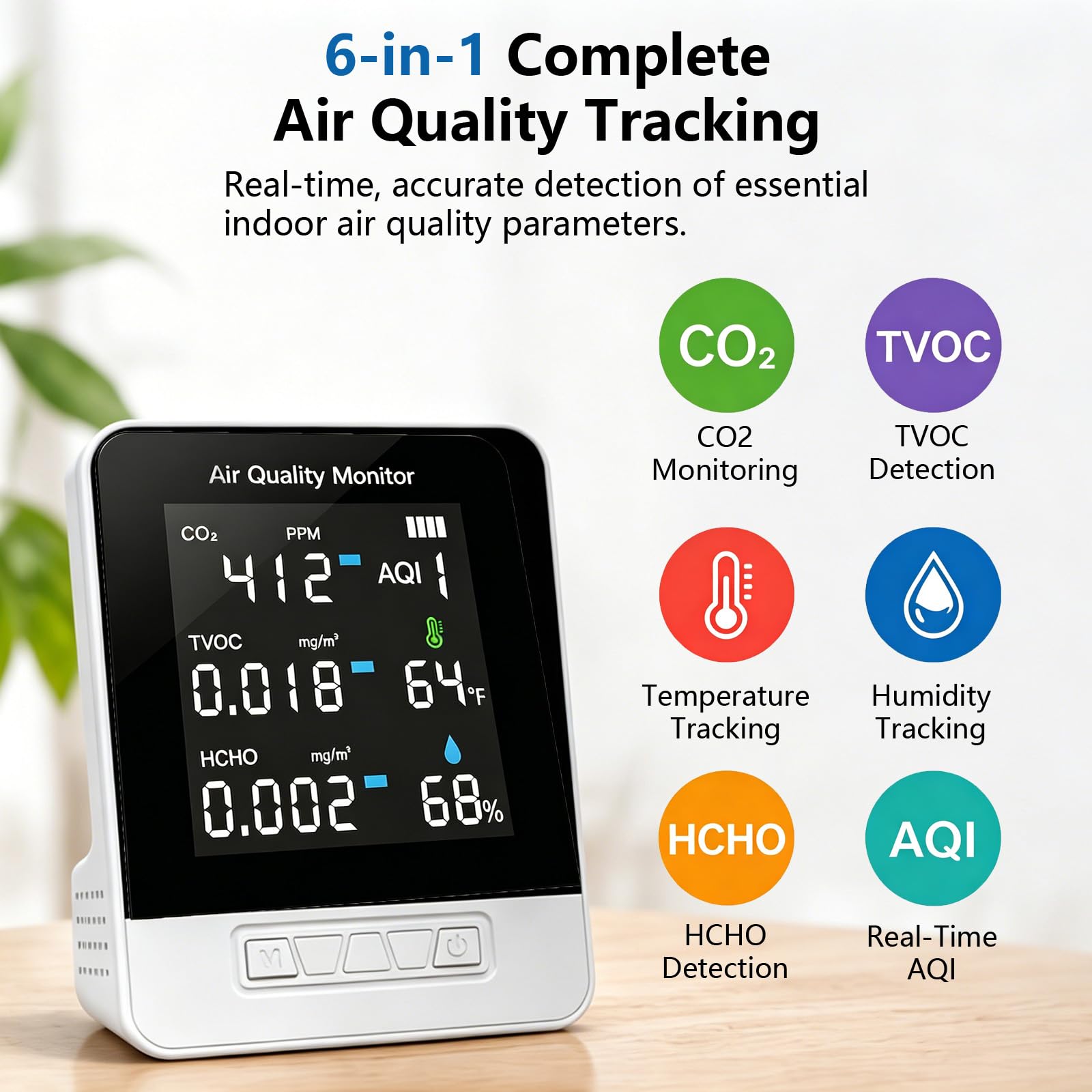 6-in-1 Air Quality Monitor | CO2 TVOC HCHO AQI Meter DA10