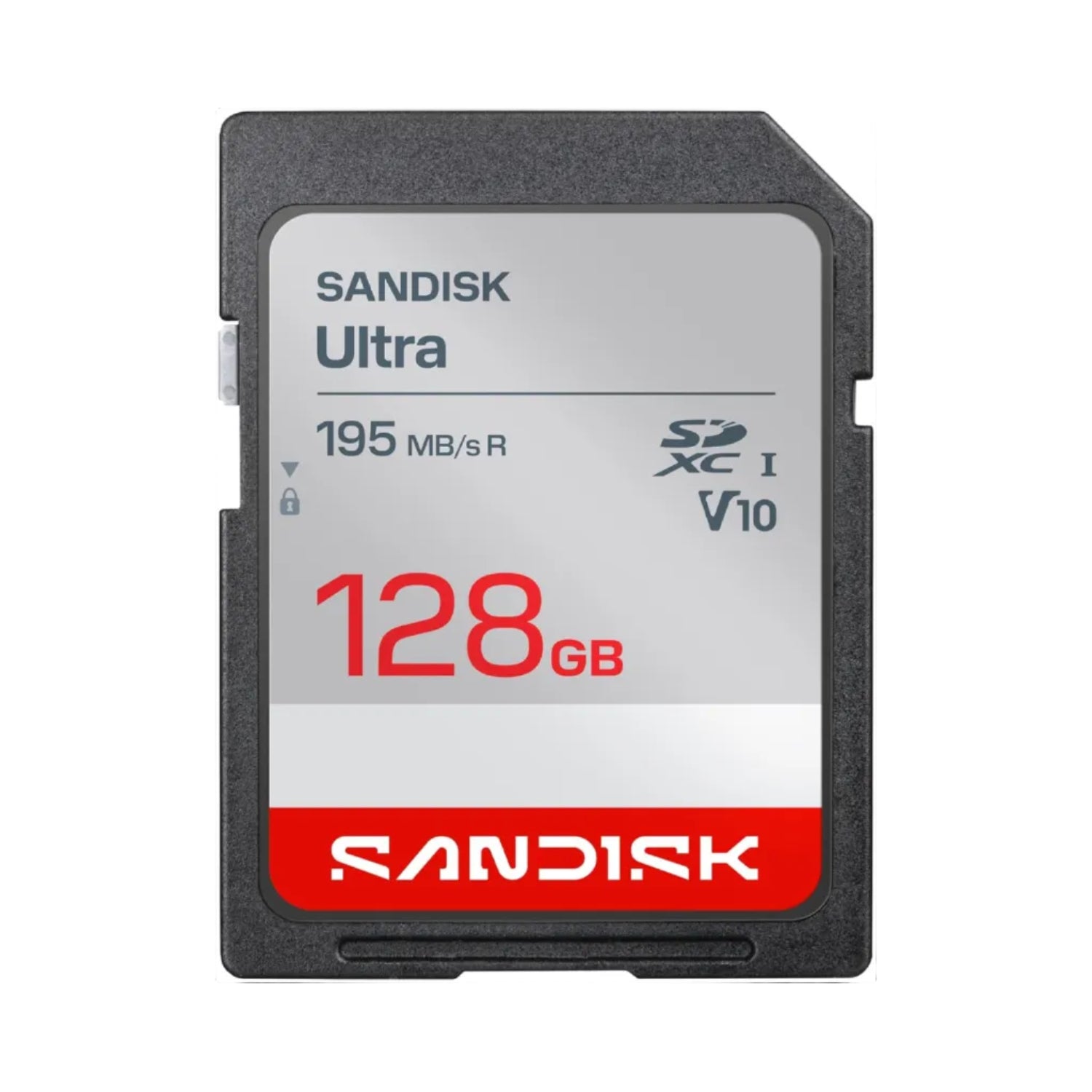 SanDisk 128GB Ultra SDHC UHS-I and SDXC UHS-I memory cards with up to 195MB/s read speed, shown in the image.