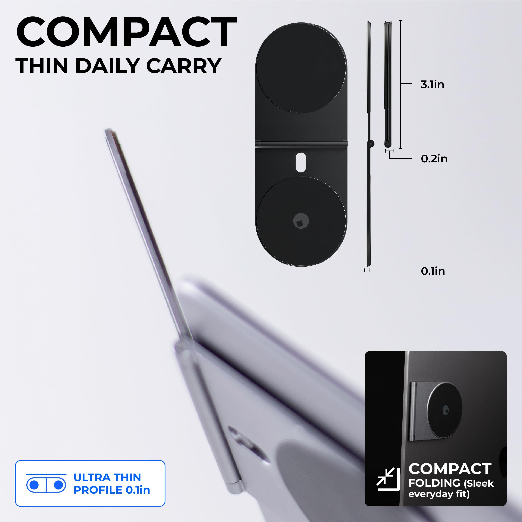Rolling Square Edge Pro Core magnetic phone holder stand in black, designed for computers and tablets, with secure metal plate attachment