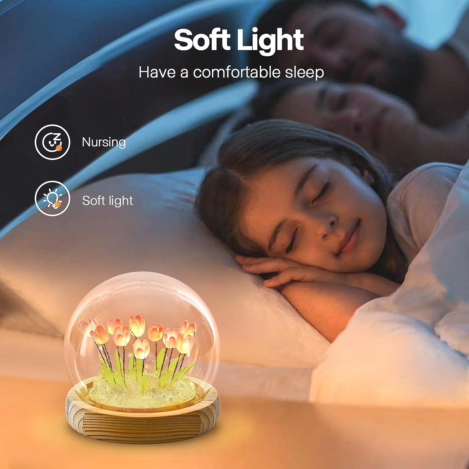 ONXE tulips night light with a cute flower design inside a glass dome, ideal for romantic home room decor.