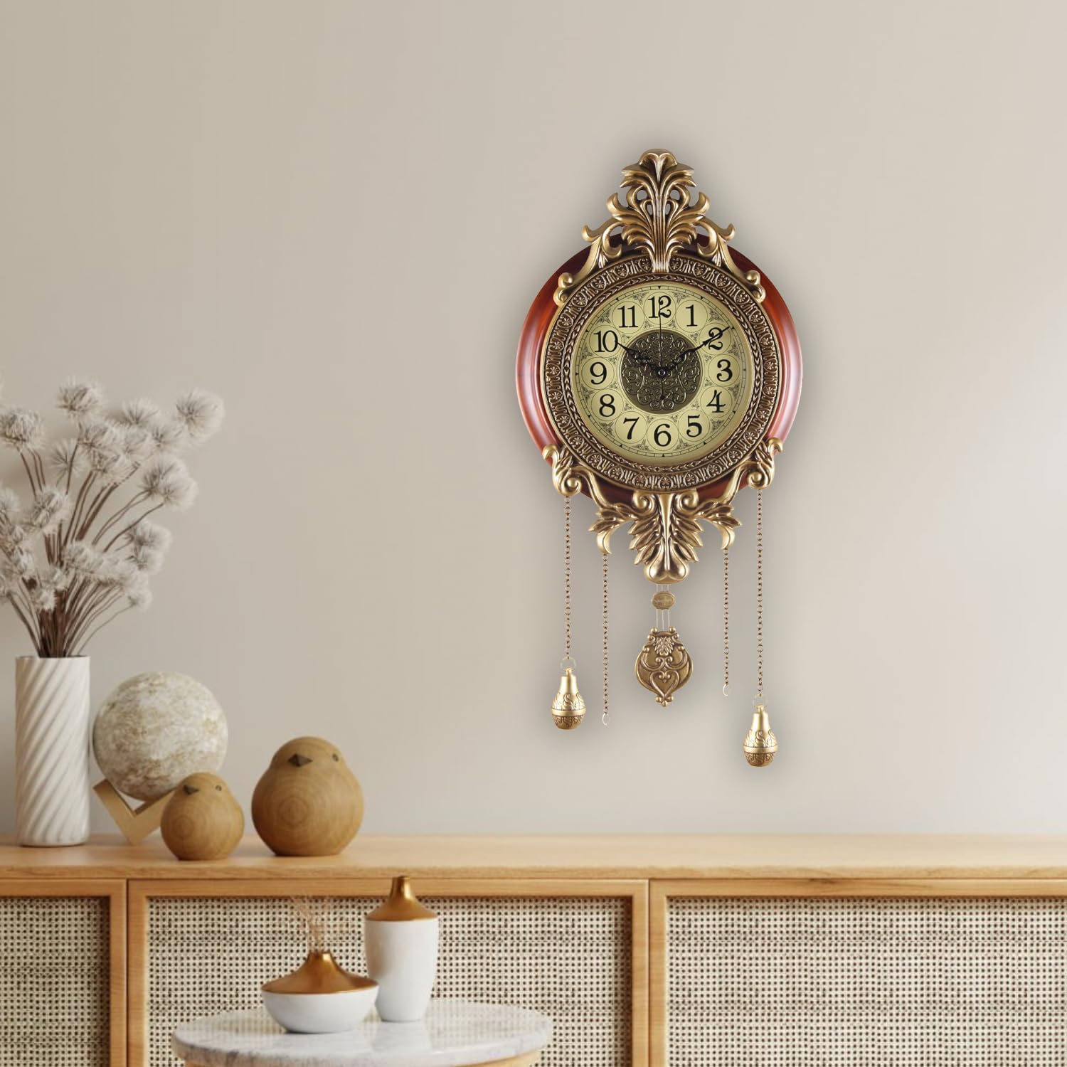 Aero Snail large wall clock with real wood finish, retro style, pendulum, and battery operation, hanging on a wall.