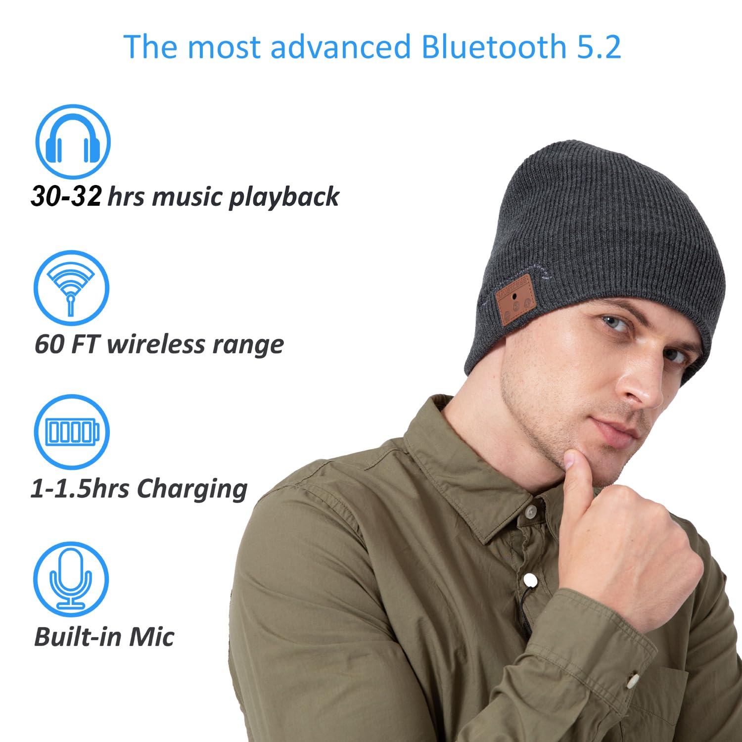 beanie Bluetooth, MUSICBEE Bluetooth V5.2 Wireless Knit Winter Cap, 30 Hour Play - beanie Official Product View 2