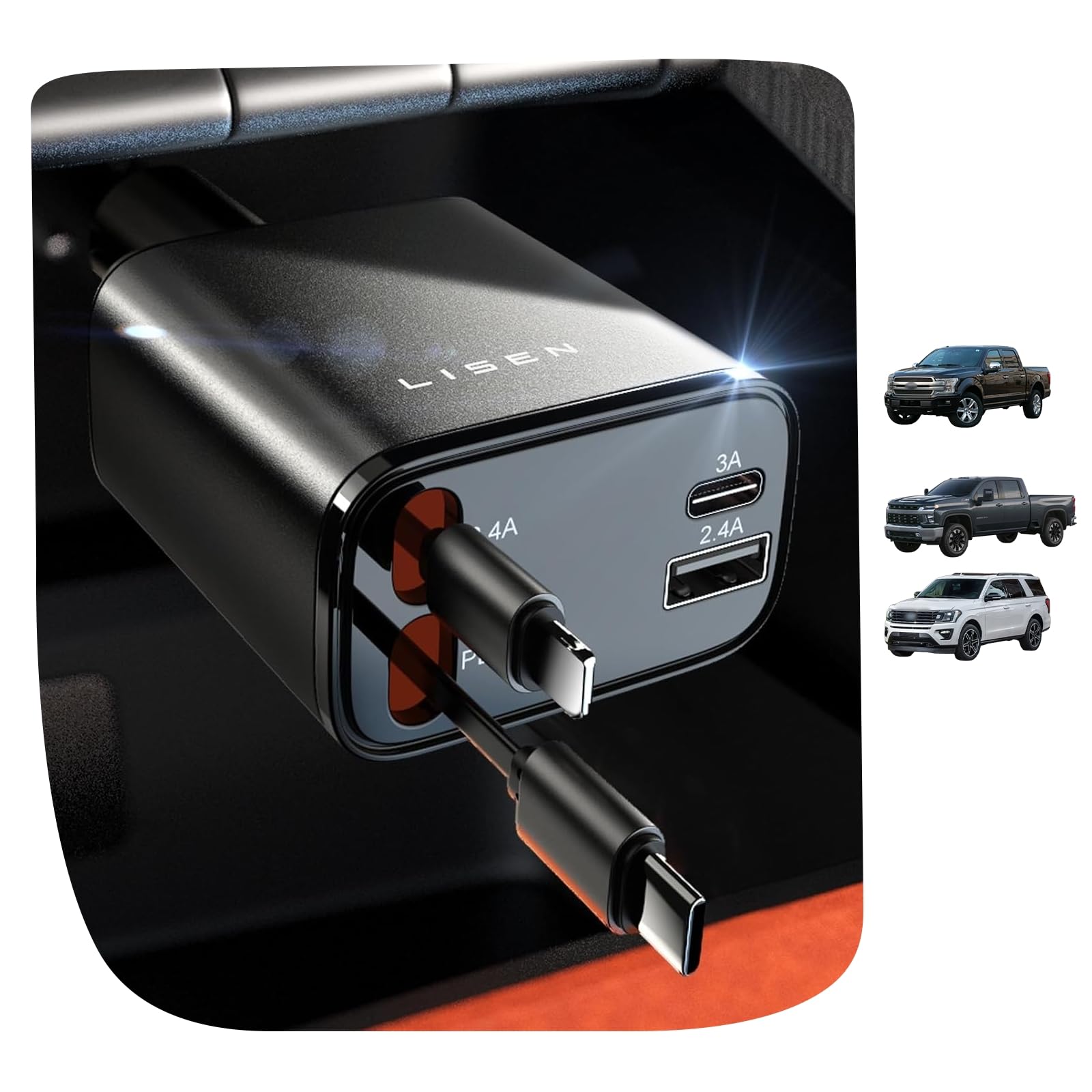 LISEN Retractable Car Charger, 84W Car Charger USB C Fast Charge, 4 in 1 - LISEN Official Product View 10