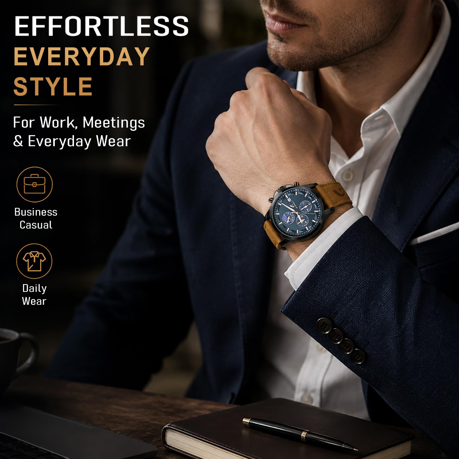 GISWOLL Men's Chronograph Watch Day-Night Subdial Leather